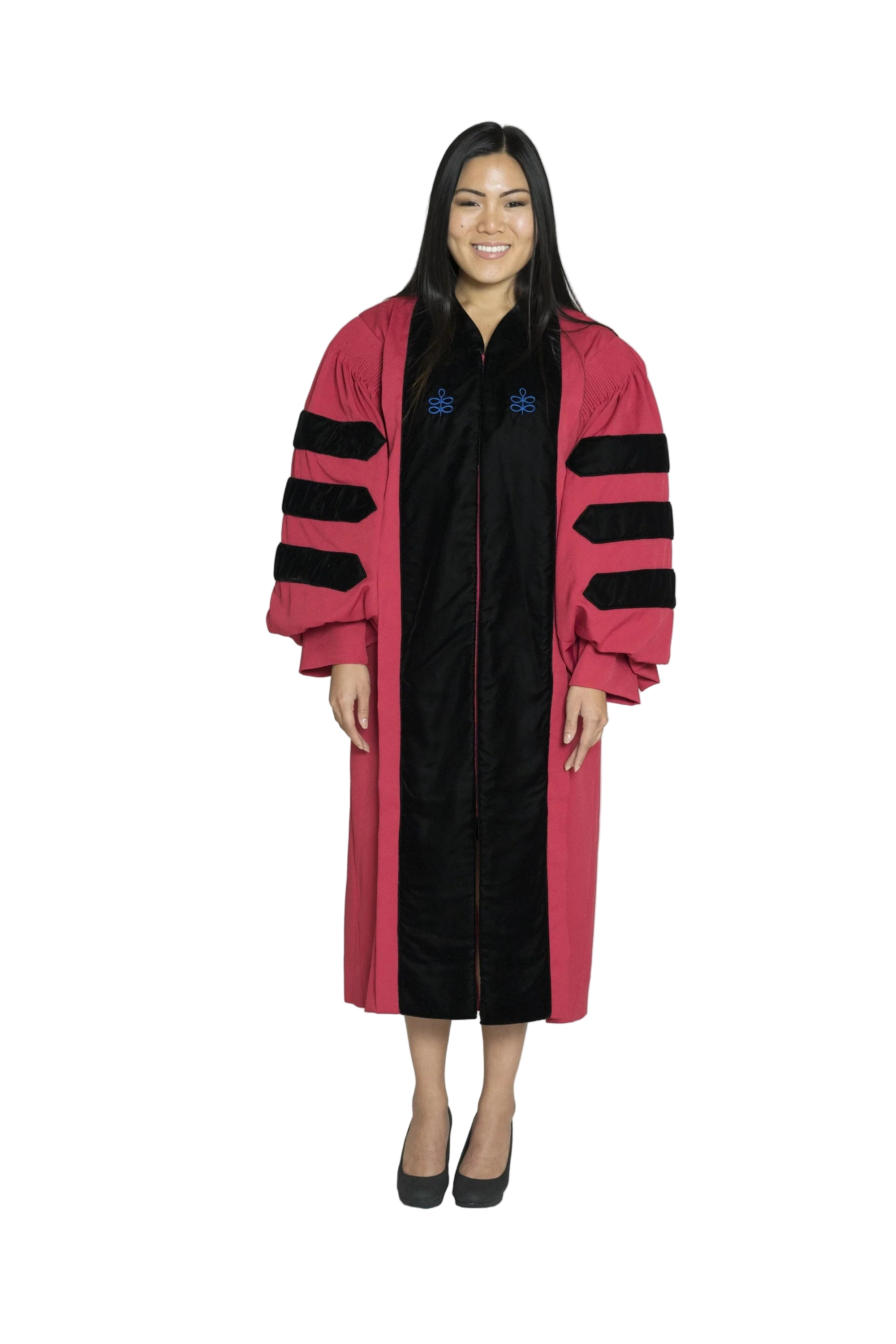 Harvard University doctoral gown in official red & black, featuring plush velvet panels, three velvet chevrons on bell sleeves, and premium tailored fabric designed to meet Intercollegiate Bureau of Academic Costume standards.