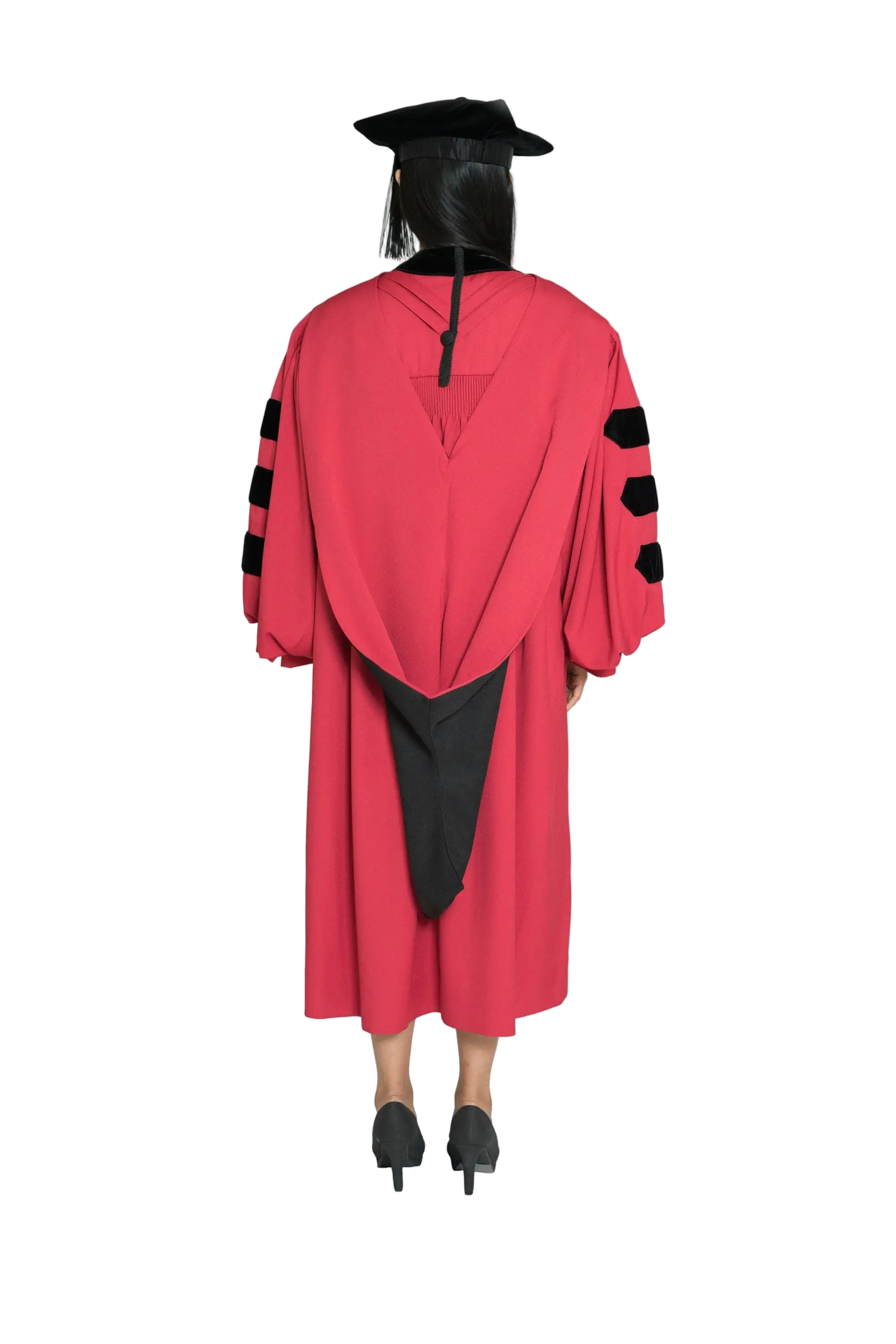 Harvard University doctoral hood with red and black satin lining, velvet trim for PhD discipline, and premium tailored construction meeting Intercollegiate Bureau of Academic Costume standards.