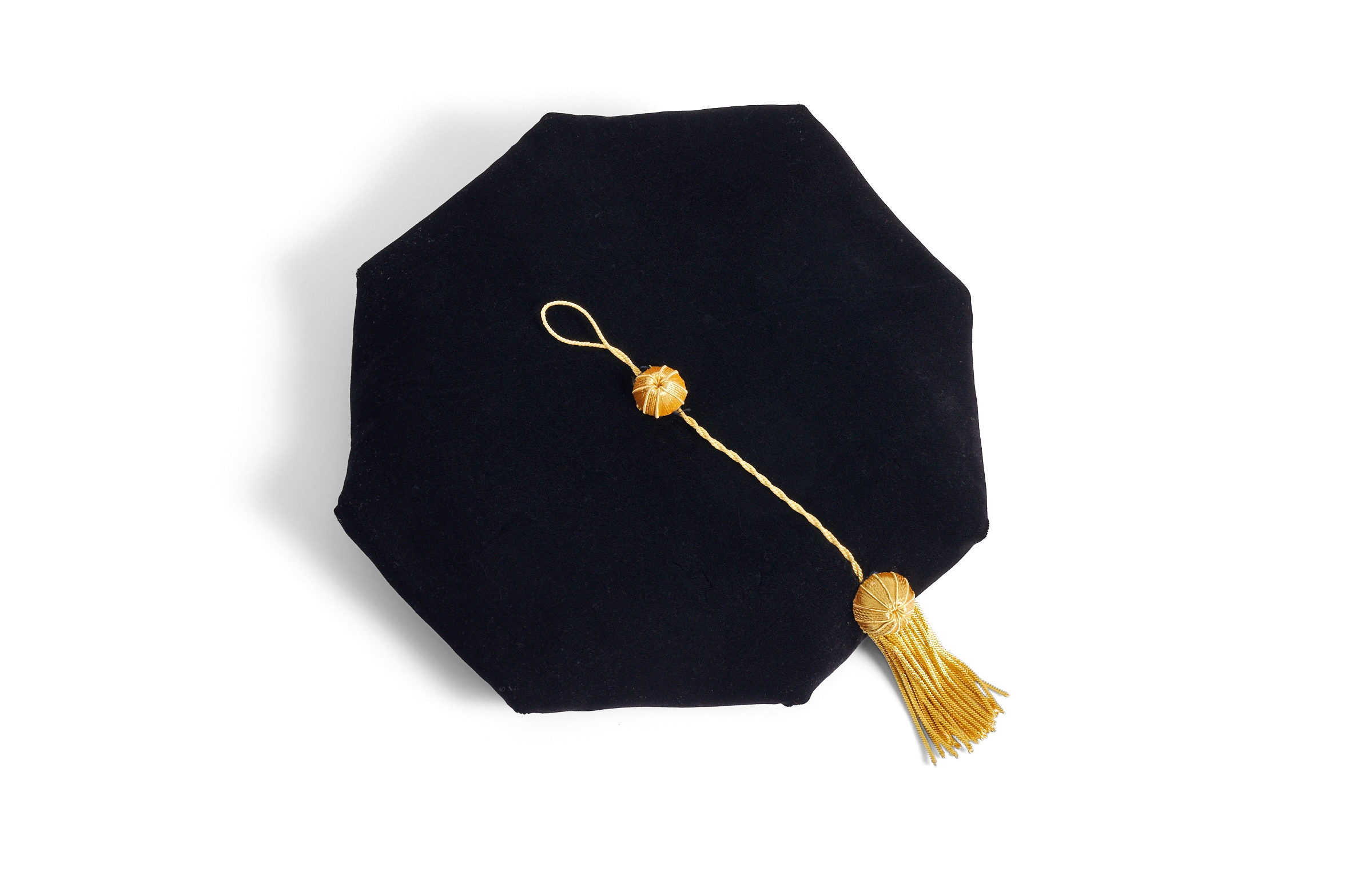 Indiana University - Bloomington black eight-sided doctoral tam with gold bullion tassel, crafted in plush velvet for distinguished academic tradition.