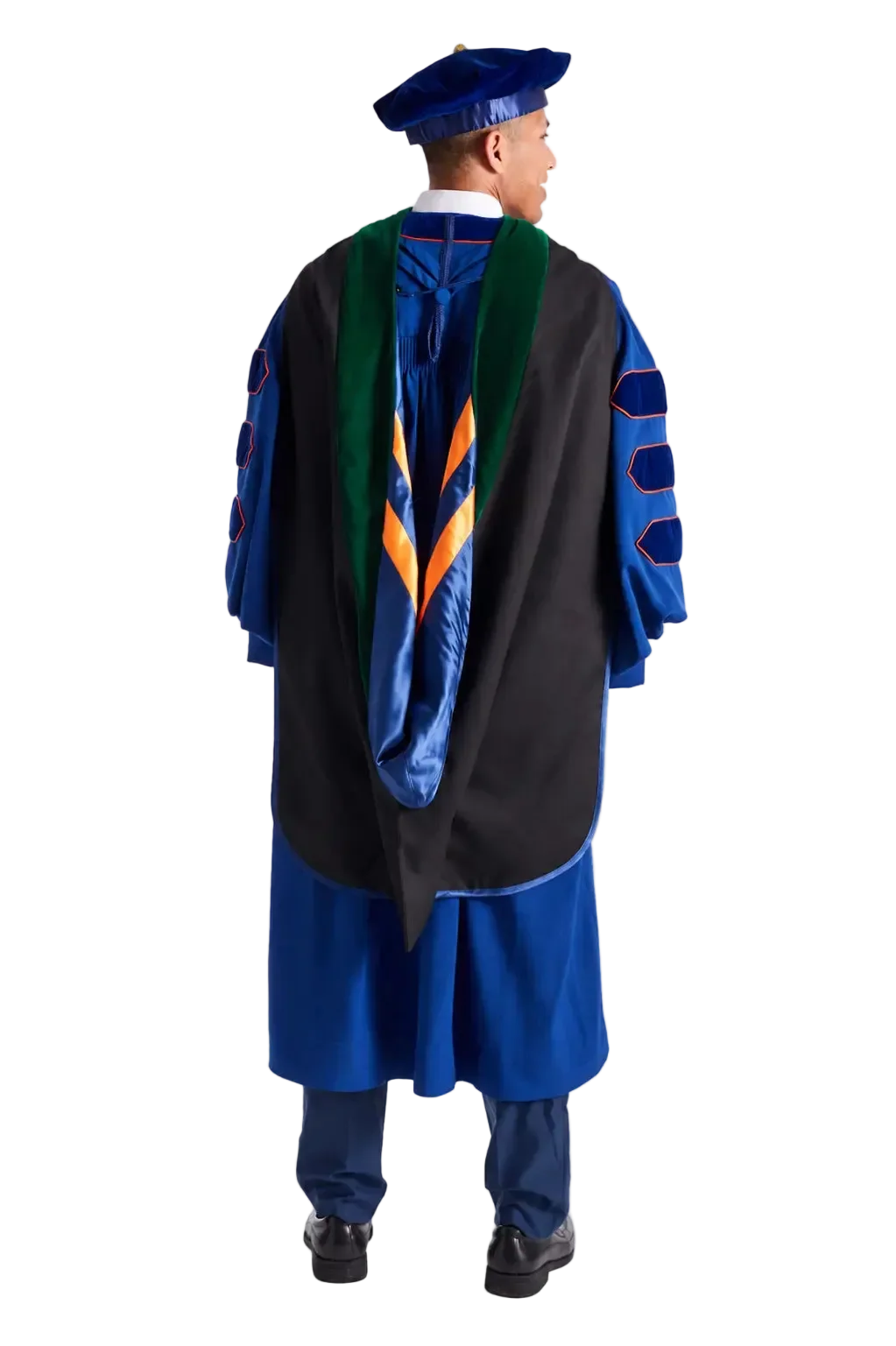 University of Illinois Urbana-Champaign Doctor of Medicine (M.D.) hood with green velvet — angled view