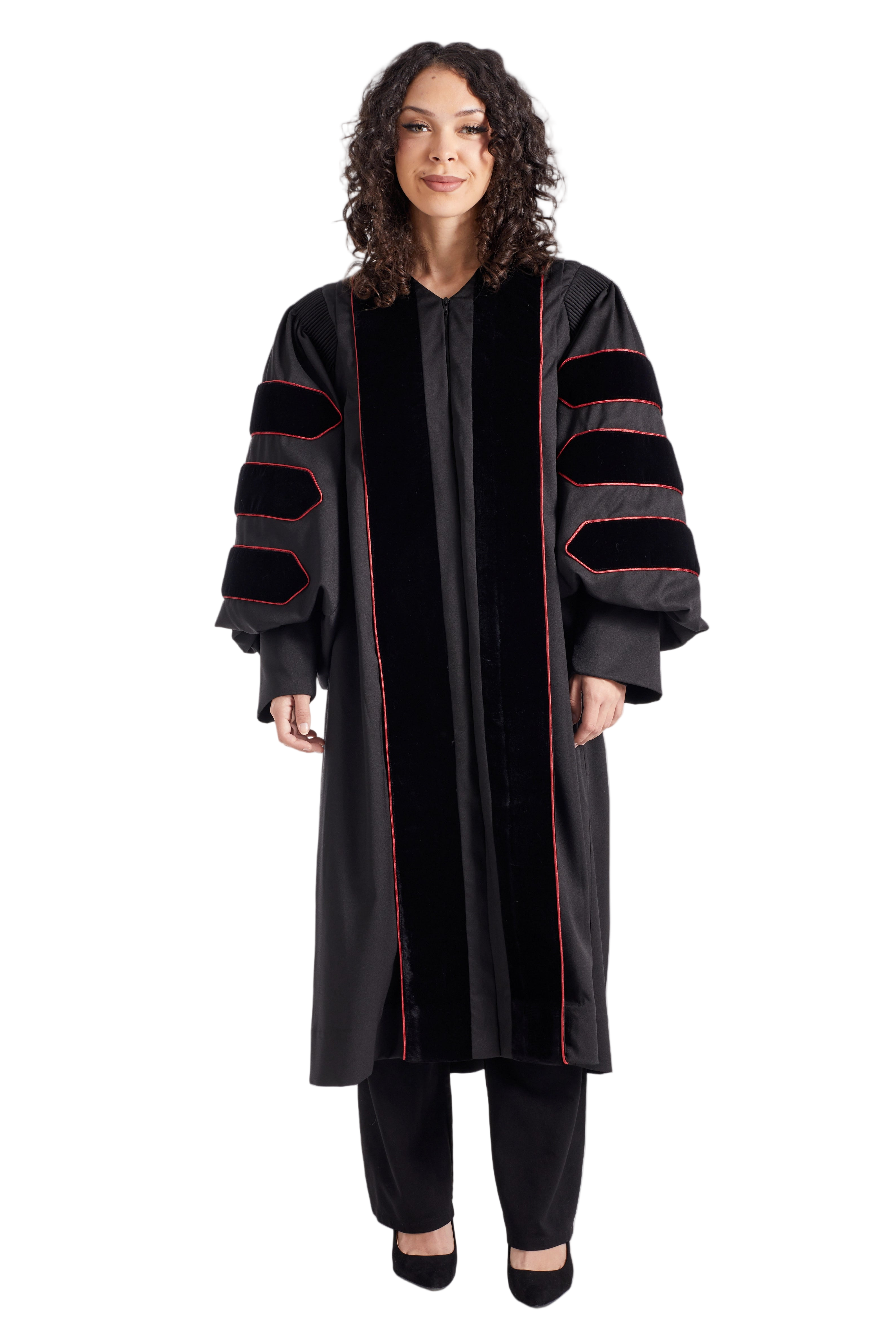 Indiana University - Bloomington doctoral gown in official black, featuring plush velvet panels, three velvet chevrons on bell sleeves, and premium tailored fabric designed to meet Intercollegiate Bureau of Academic Costume standards.