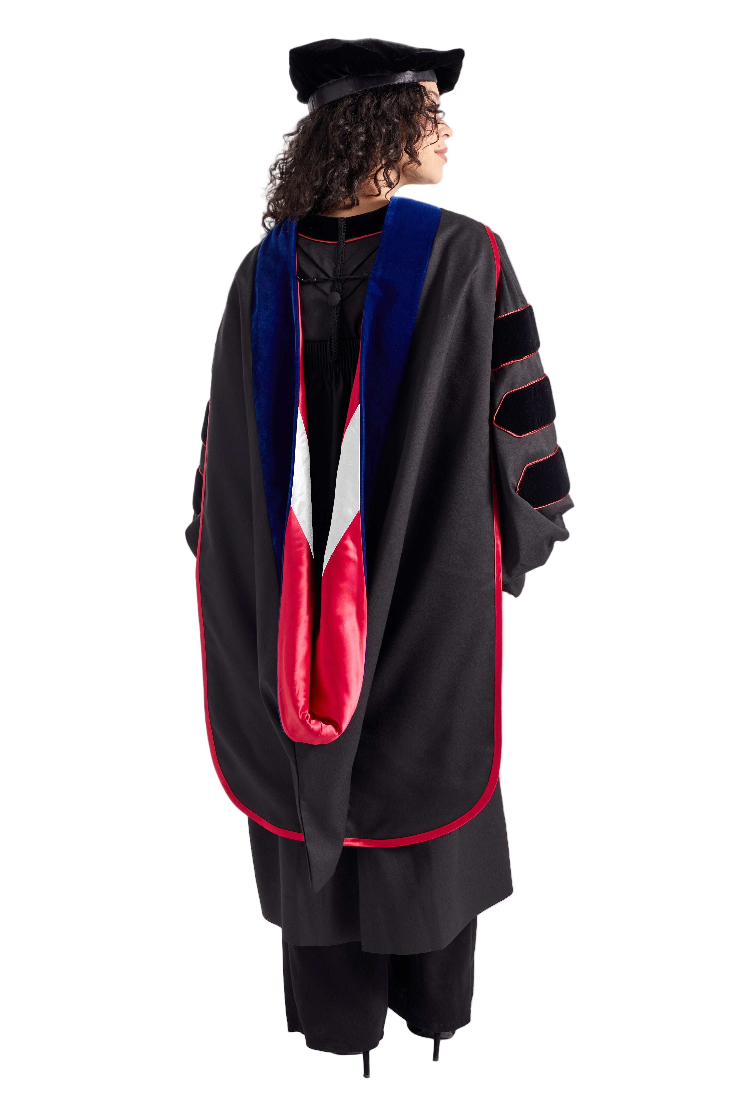 Indiana University Indianapolis doctoral hood with red and stripe-white satin lining, blue velvet trim for PhD discipline, and premium tailored construction meeting Intercollegiate Bureau of Academic Costume standards.