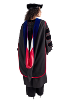Indiana University Indianapolis doctoral hood with red and stripe-white satin lining, blue velvet trim for PhD discipline, and premium tailored construction meeting Intercollegiate Bureau of Academic Costume standards.