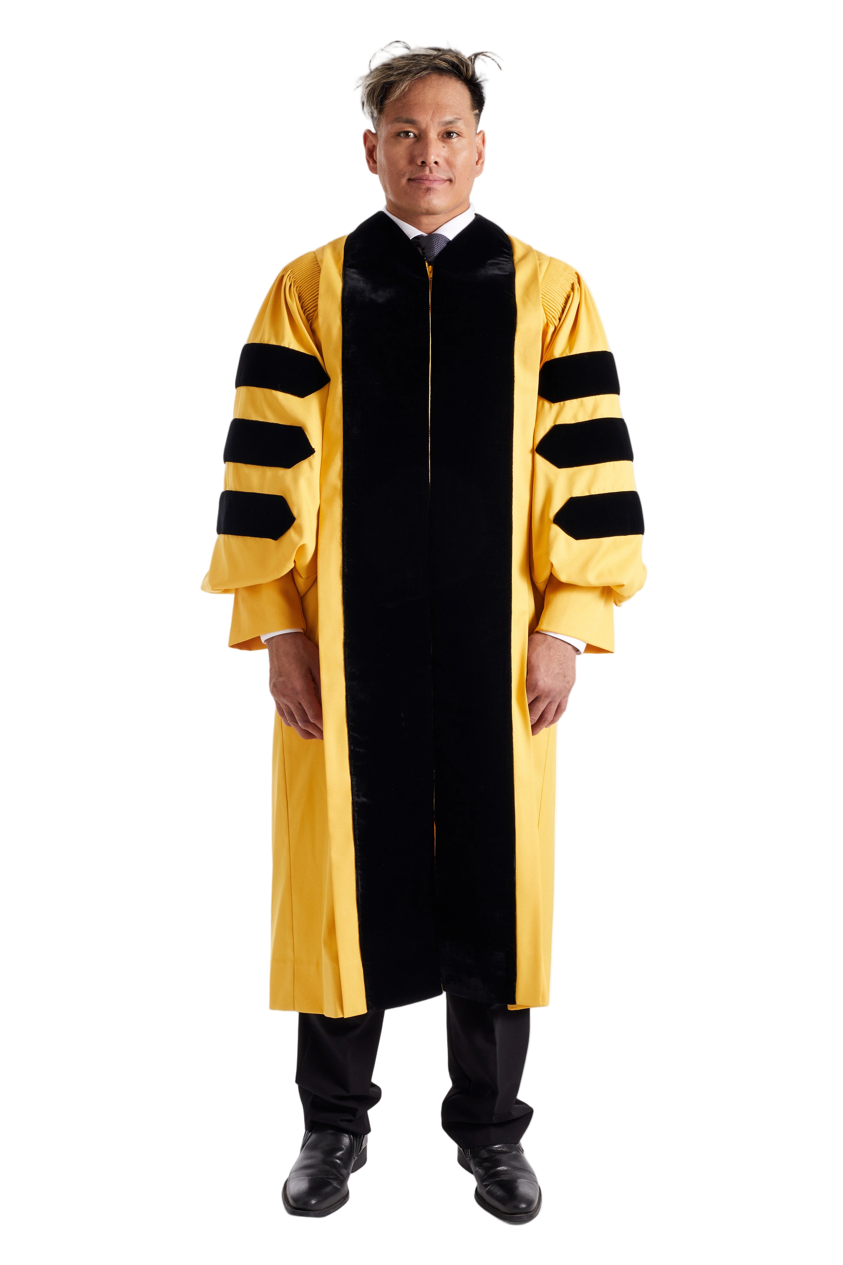 Johns Hopkins University doctoral gown in official black & yellow, featuring plush velvet panels, three velvet chevrons on bell sleeves, and premium tailored fabric designed to meet Intercollegiate Bureau of Academic Costume standards.