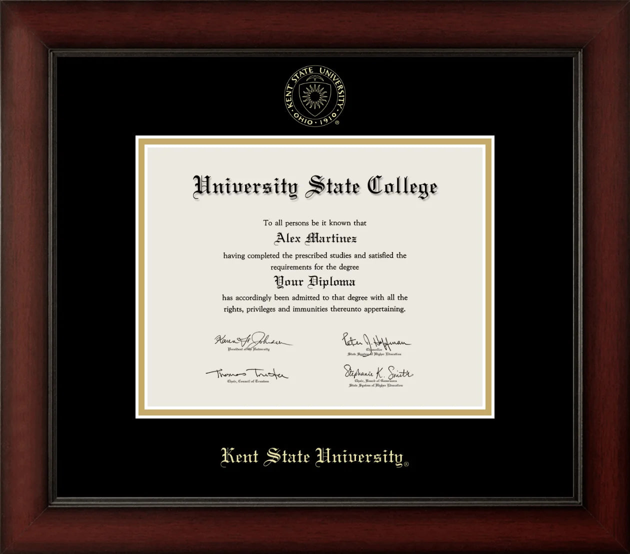 CAPGOWN | Kent State University Cherry Wood Diploma Frame for Bachelor, Master, and Doctoral Graduates. Designed and made in USA.