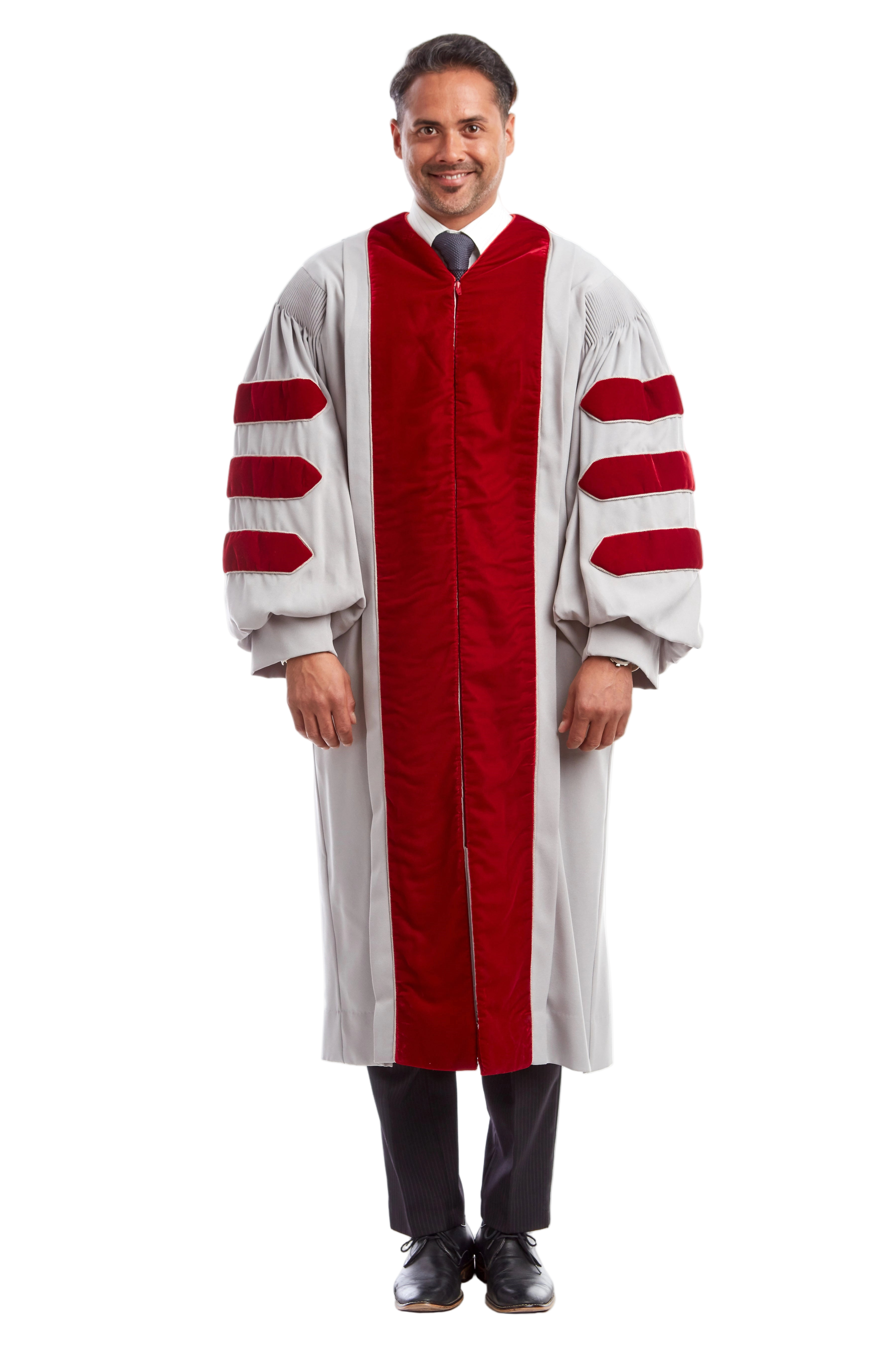 MIT doctoral gown in official white & red, featuring plush velvet panels, three velvet chevrons on bell sleeves, and premium tailored fabric designed to meet Intercollegiate Bureau of Academic Costume standards.