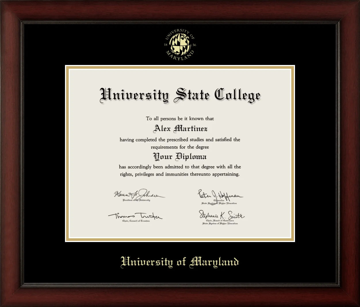 CAPGOWN |University of Maryland Cherry Wood Diploma Frame for Bachelor, Master, and Doctoral Graduates. Designed and made in USA.