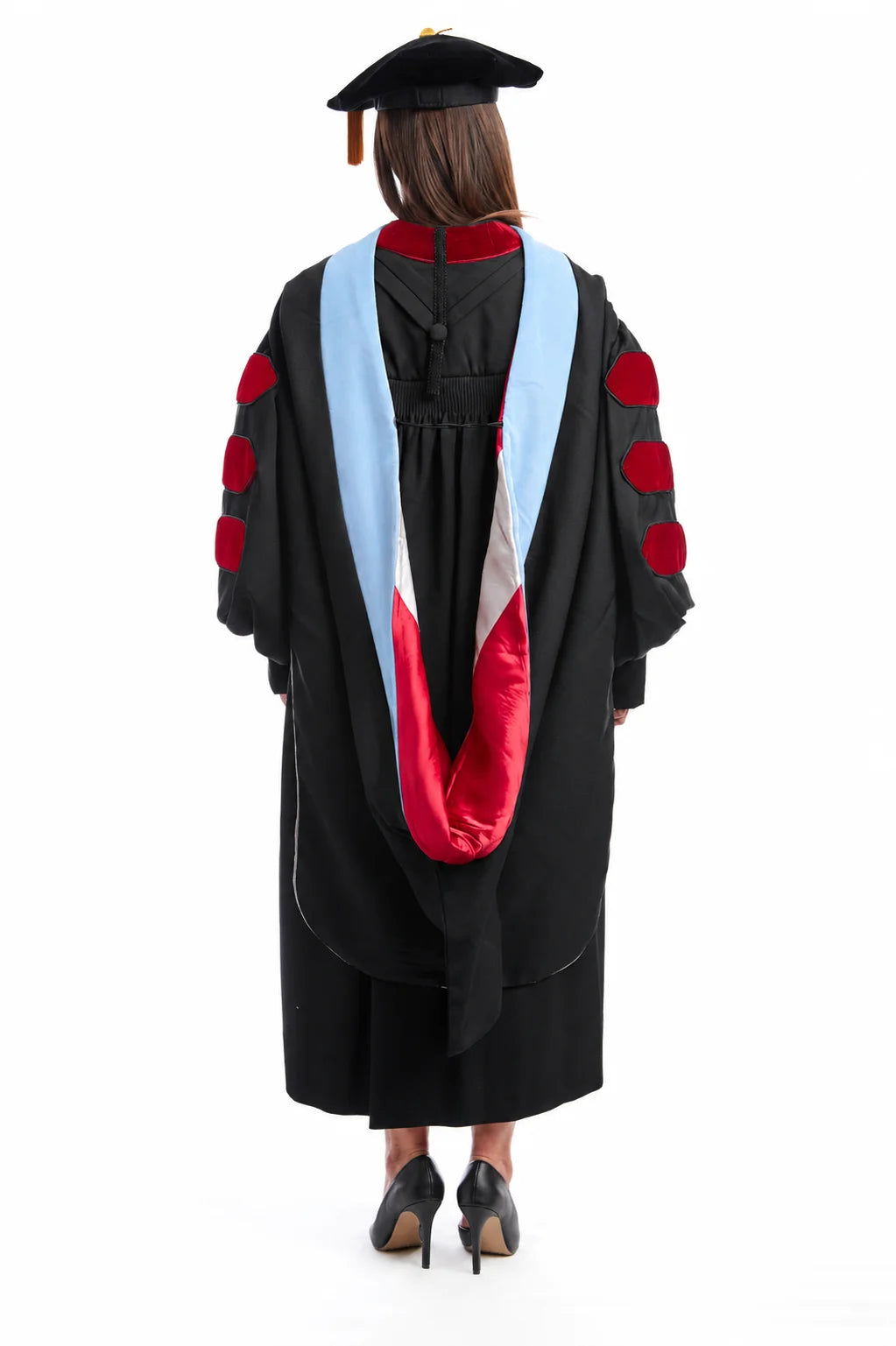 University of New Mexico Ed.D. hood with degree-appropriate velvet trim and red-and-silver lining