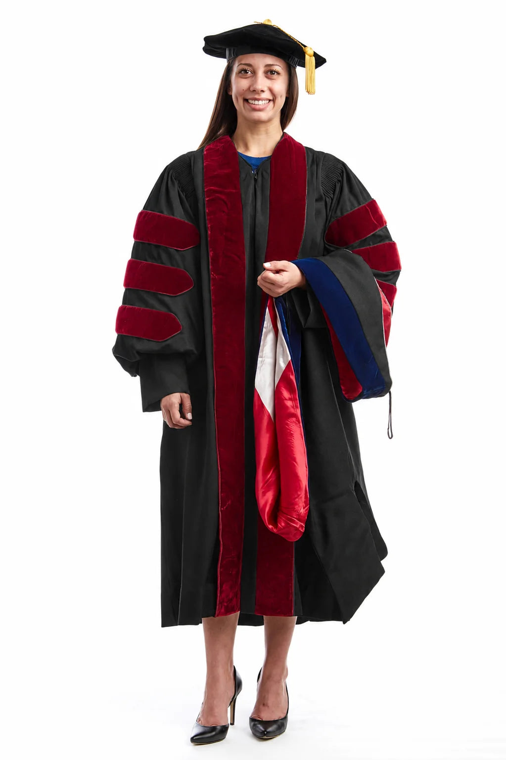 University of New Mexico doctoral hood with red-and-silver satin lining