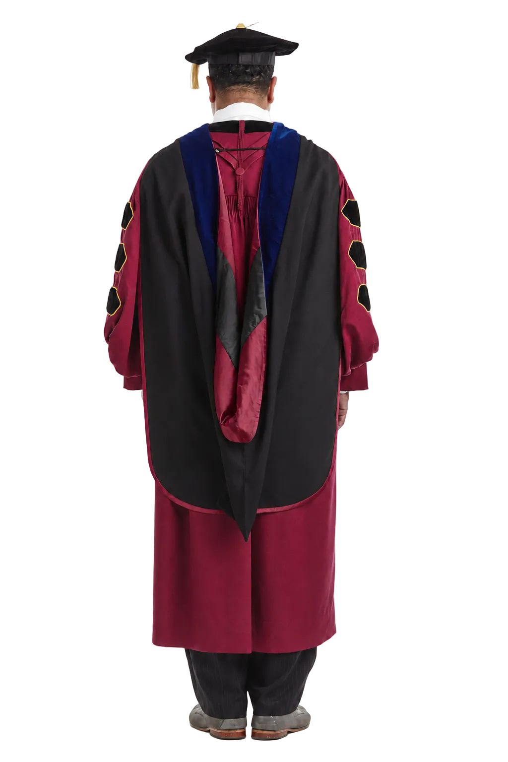 Northeastern University doctoral hood with royal blue velvet trim and maroon satin lining with black chevron