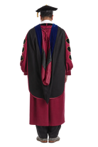 Northeastern University doctoral hood with royal blue velvet trim and maroon satin lining with black chevron