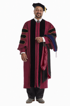 Northeastern University doctoral hood with royal blue velvet trim and maroon satin lining with black chevron