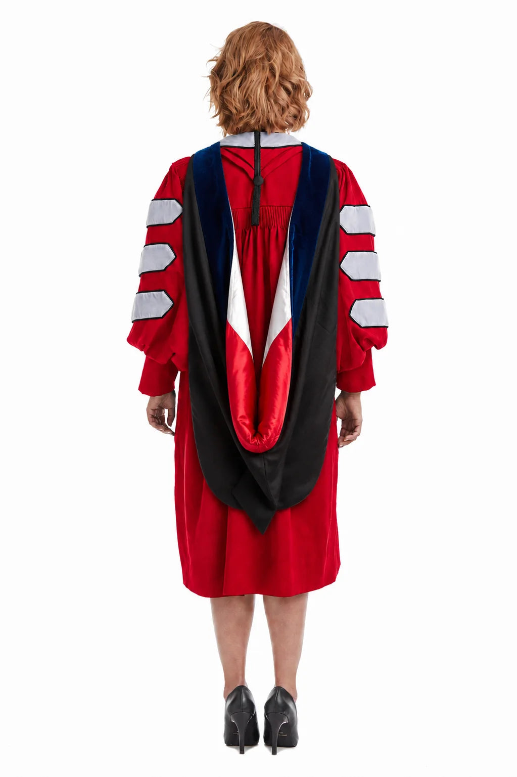 Ohio State University Ph.D. doctoral hood with blue velvet edging and scarlet-and-gray lining