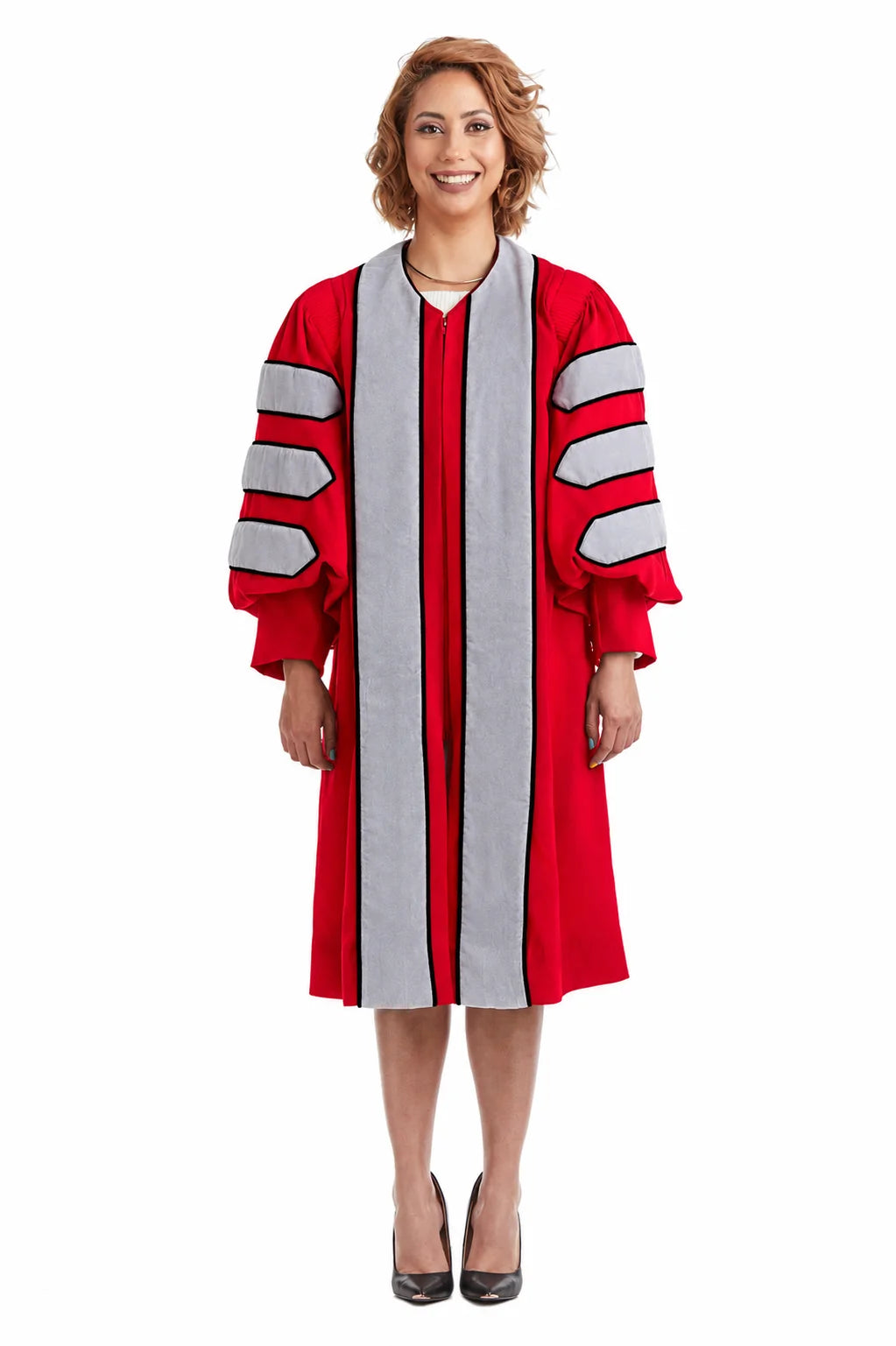 Ohio State University doctoral gown with gray velvet panels