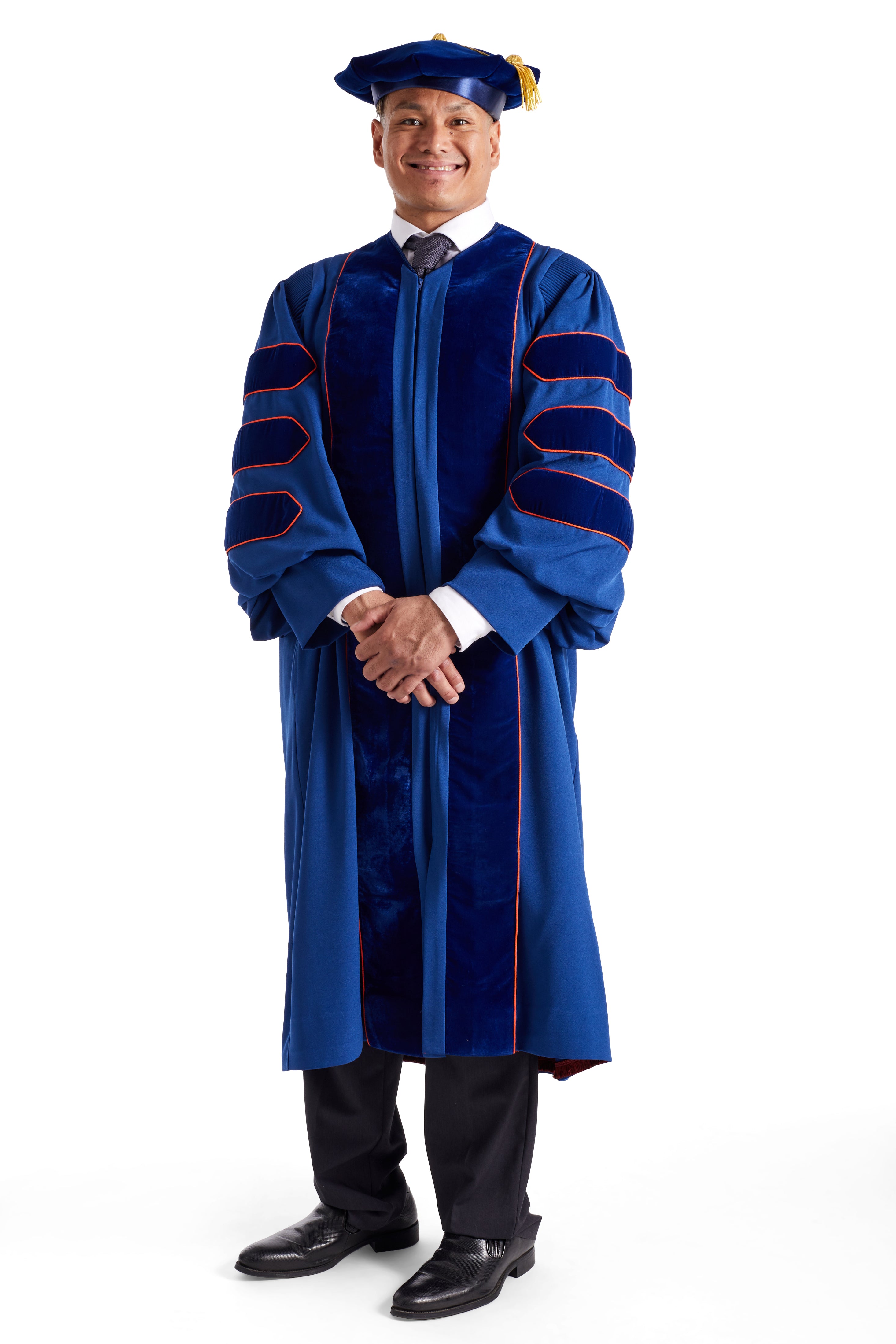Pepperdine University complete doctoral regalia set with gown, hood, and tam