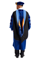 Pepperdine University doctoral hood with blue velvet trim and blue and orange satin lining