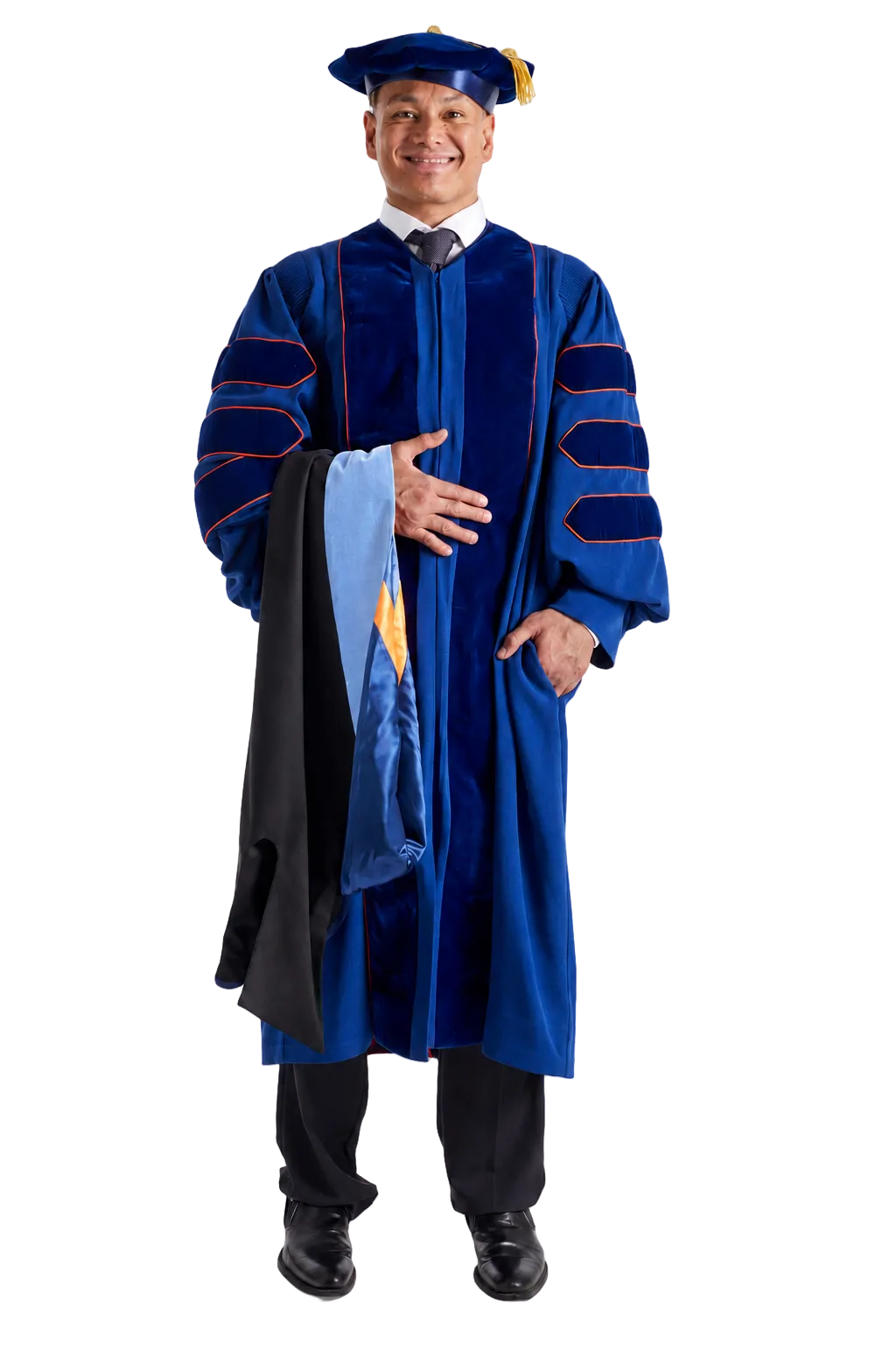 Pepperdine University doctoral hood with blue velvet trim and blue and orange satin lining