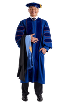 Pepperdine University doctoral hood with blue velvet trim and blue and orange satin lining