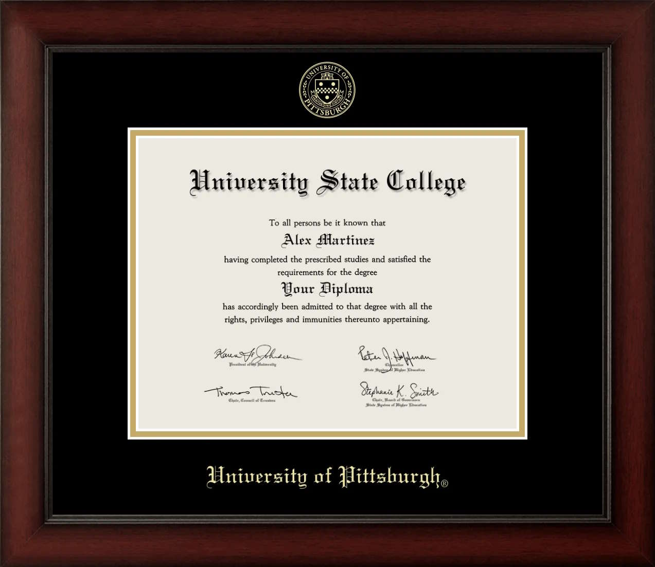 CAPGOWN | University of Pittsburgh Cherry Wood Diploma Frame for Bachelor, Master, and Doctoral Graduates. Designed and made in USA.