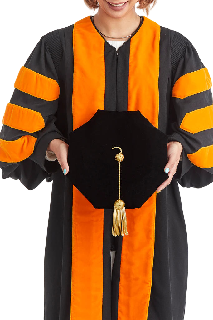 Princeton University black eight-sided doctoral tam with gold bullion tassel, crafted in plush velvet for distinguished academic tradition.