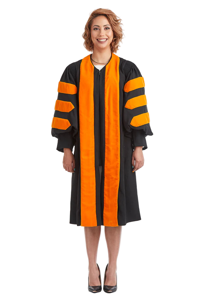 Princeton University doctoral gown in official orange & black, featuring plush velvet panels, three velvet chevrons on bell sleeves, and premium tailored fabric designed to meet Intercollegiate Bureau of Academic Costume standards.
