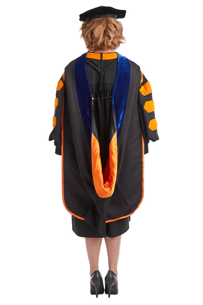 Princeton University doctoral hood with orange and black satin lining, blue velvet trim for PhD discipline, and premium tailored construction meeting Intercollegiate Bureau of Academic Costume standards.