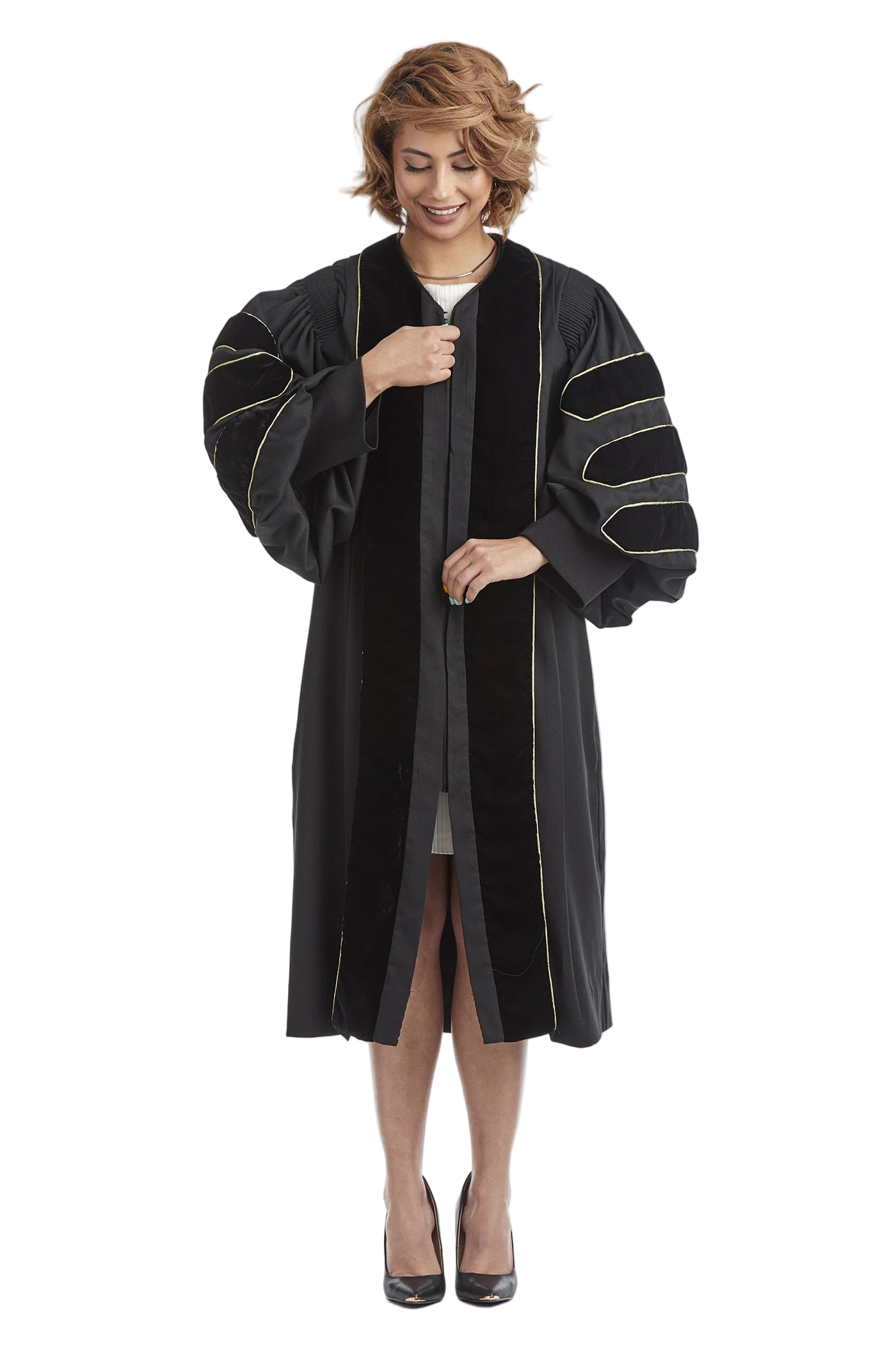 Purdue University doctoral gown in official black featuring plush velvet panels, three velvet chevrons on bell sleeves, and premium tailored fabric designed to meet Intercollegiate Bureau of Academic Costume standards.