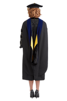 Purdue University doctoral hood with black and yellow satin lining, blue velvet trim for PhD discipline, and premium tailored construction meeting Intercollegiate Bureau of Academic Costume standards.