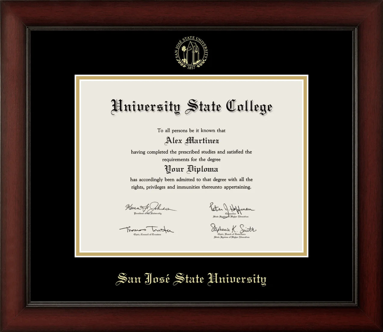 CAPGOWN | San Jose State University Cherry Wood Diploma Frame for Bachelor, Master, and Doctoral Graduates. Designed and made in USA.