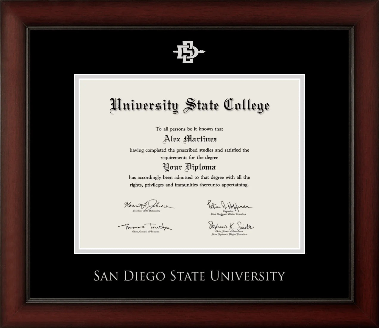 CAPGOWN | San Diego State University Cherry Wood Diploma Frame for Bachelor, Master, and Doctoral Graduates. Designed and made in USA.