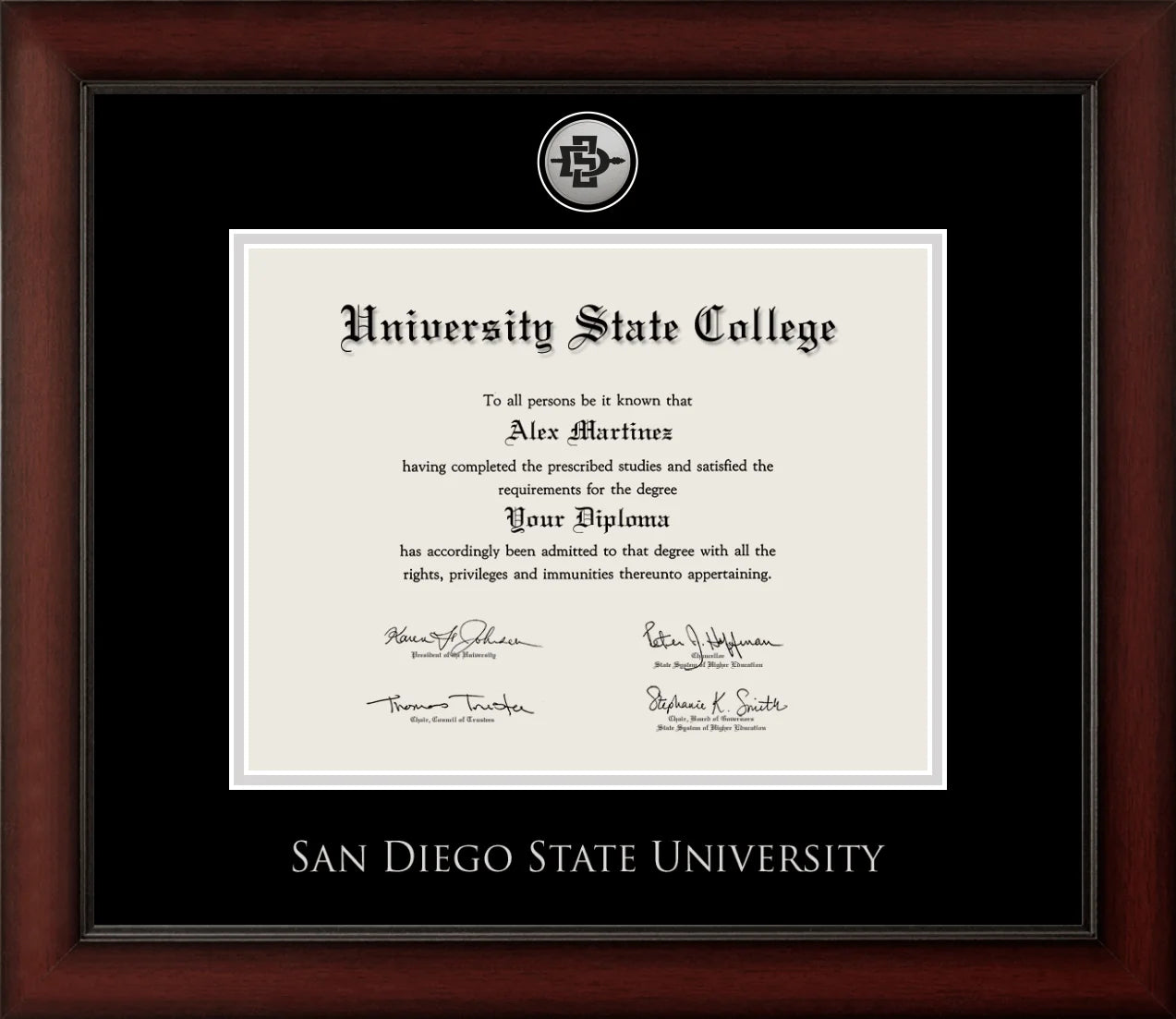 CAPGOWN | San Diego State University Medallion Diploma Frame for Bachelor, Master, and Doctoral Graduates. Designed and made in USA.