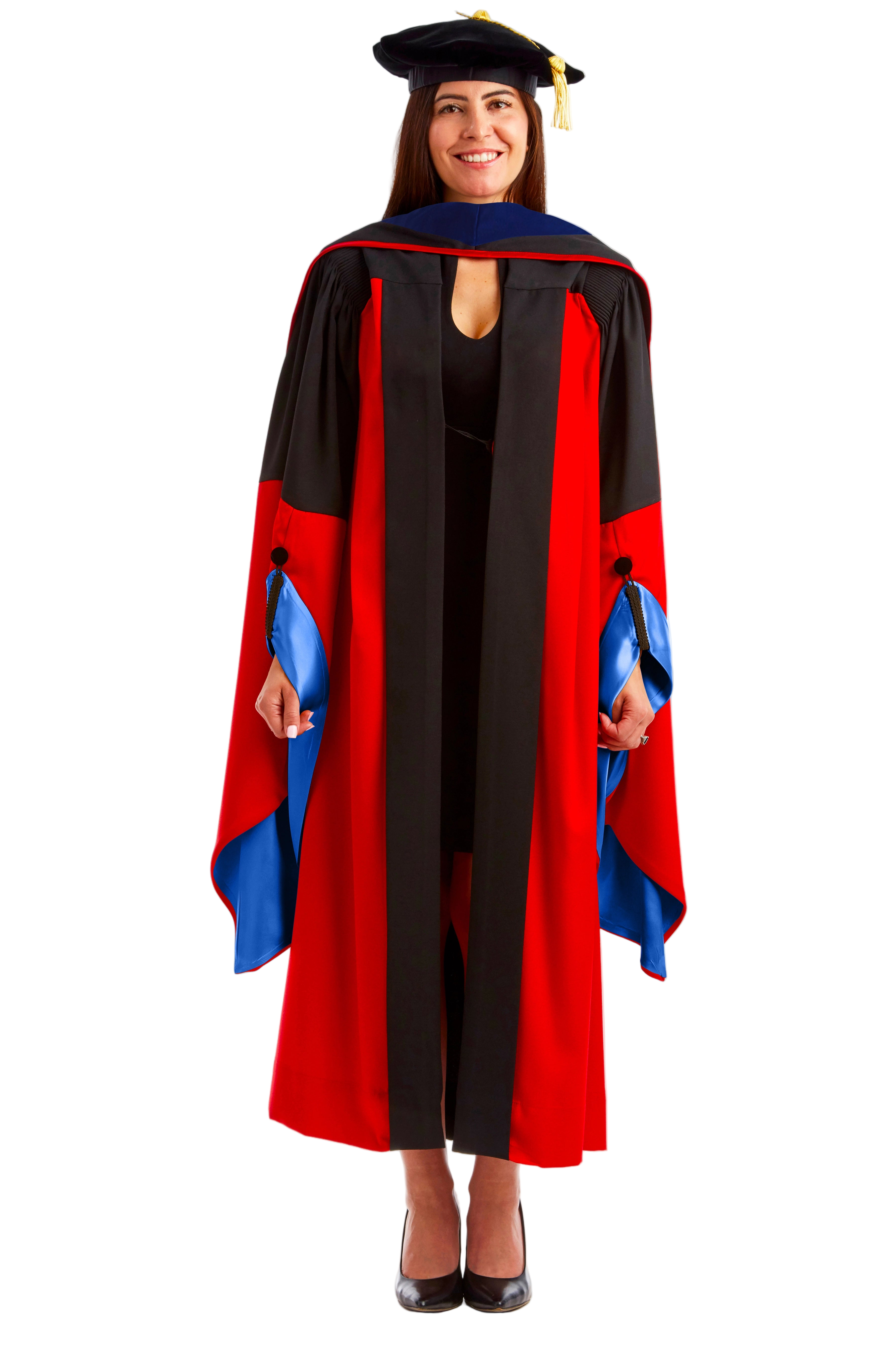 Stanford University doctoral gown in official red and black, featuring plush velvet panels, three velvet chevrons on bell sleeves, and premium tailored fabric designed to meet Intercollegiate Bureau of Academic Costume standards.