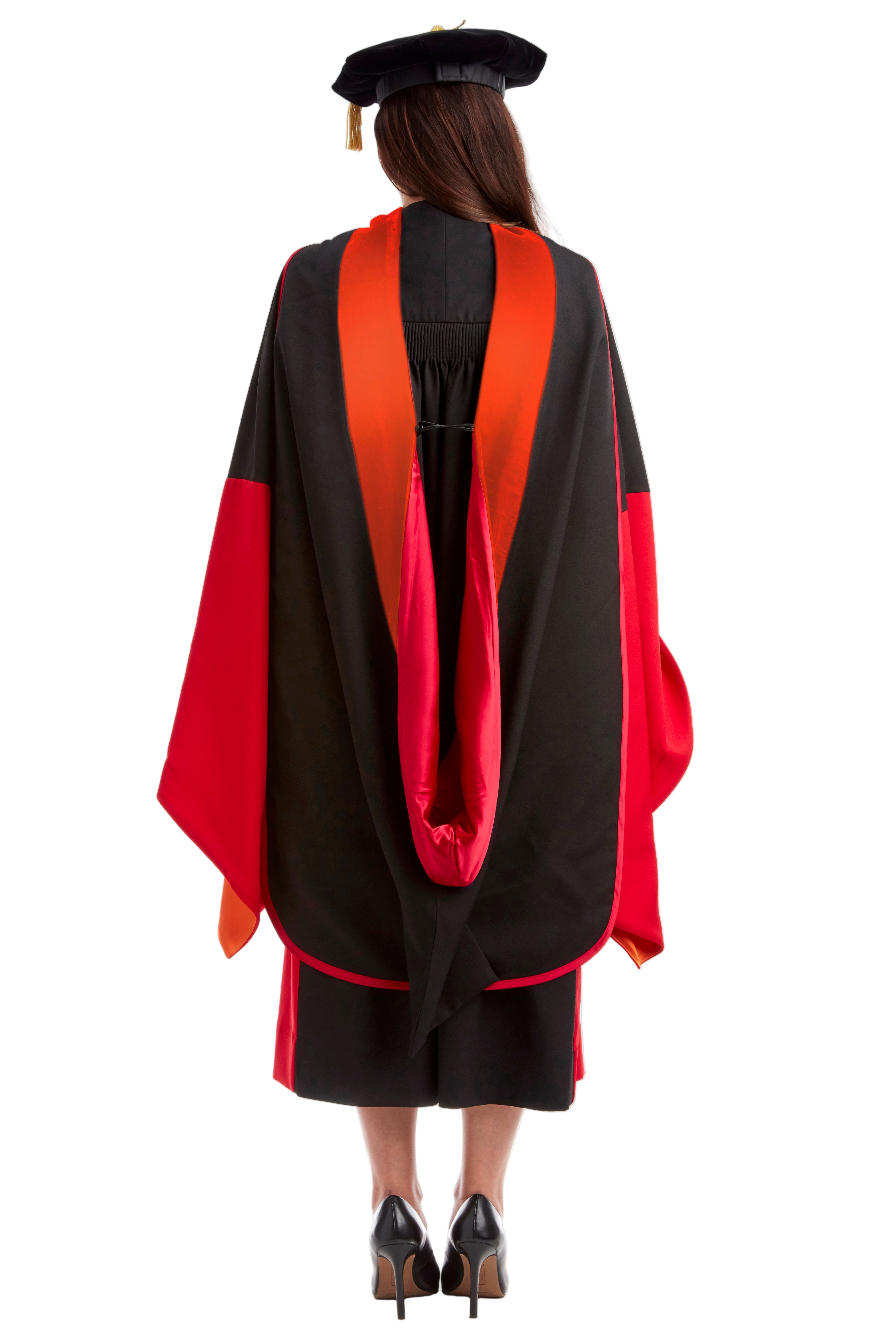 Stanford University doctoral hood with red and orange satin lining, black velvet trim for PhD discipline, and premium tailored construction meeting Intercollegiate Bureau of Academic Costume standards.