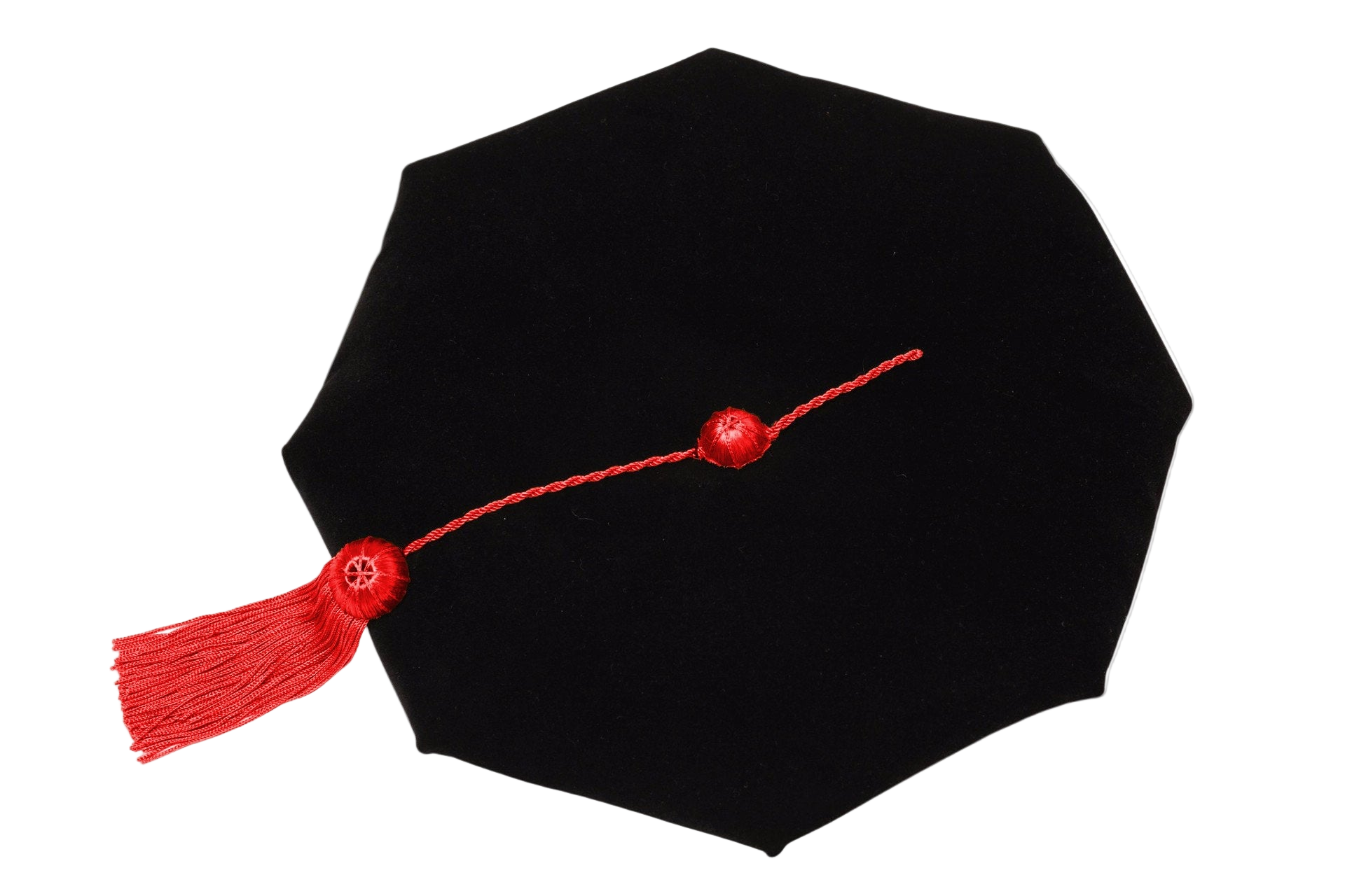 Texas Tech University black eight-sided doctoral tam with gold bullion tassel, crafted in plush velvet for distinguished academic tradition.