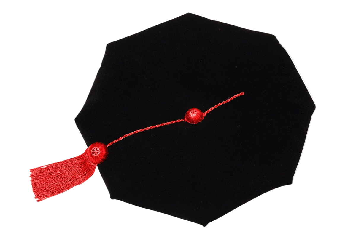 Texas Tech University black eight-sided doctoral tam with gold bullion tassel, crafted in plush velvet for distinguished academic tradition.