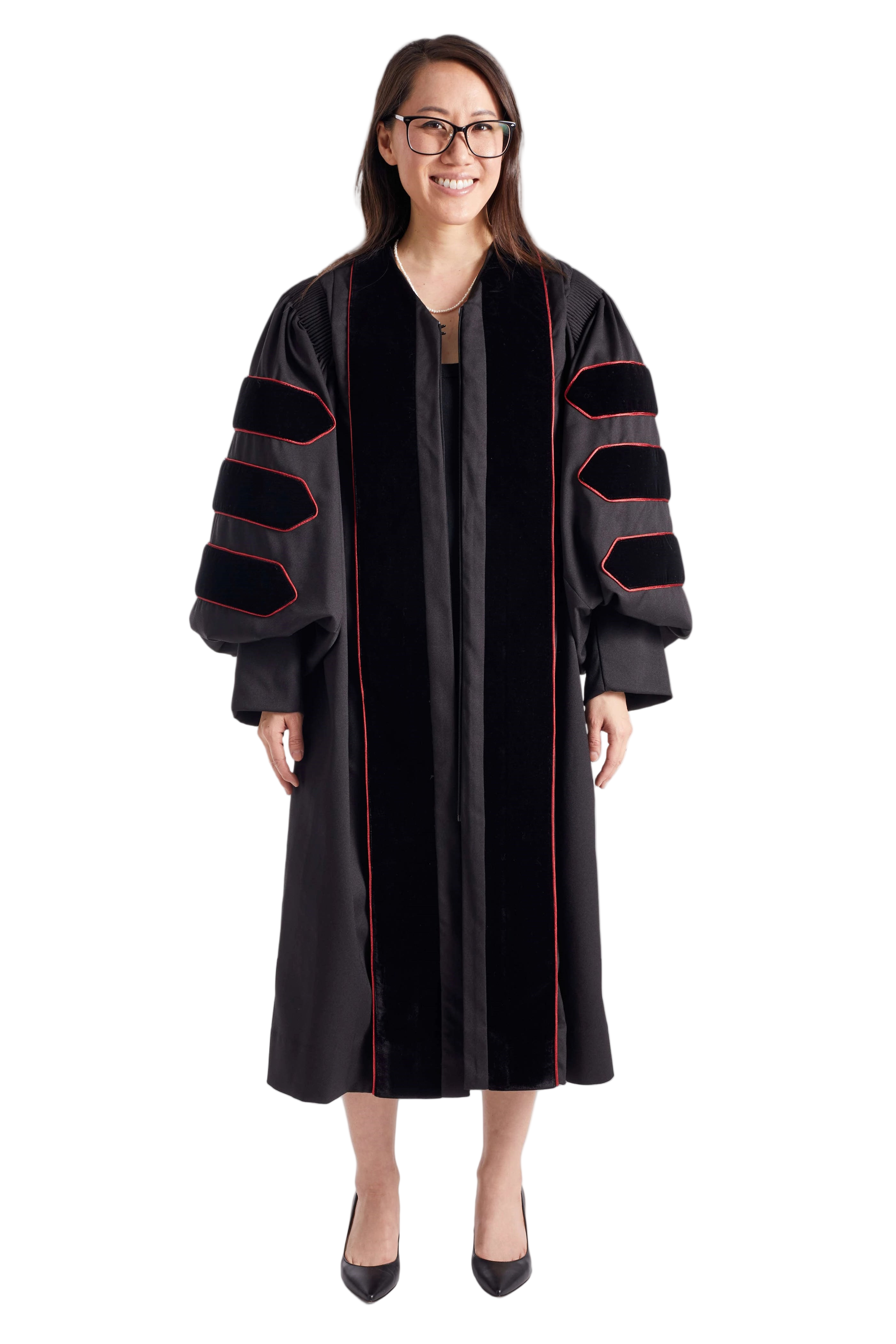 Texas Tech University doctoral gown in official black, featuring plush velvet panels, three velvet chevrons on bell sleeves, and premium tailored fabric designed to meet Intercollegiate Bureau of Academic Costume standards.
