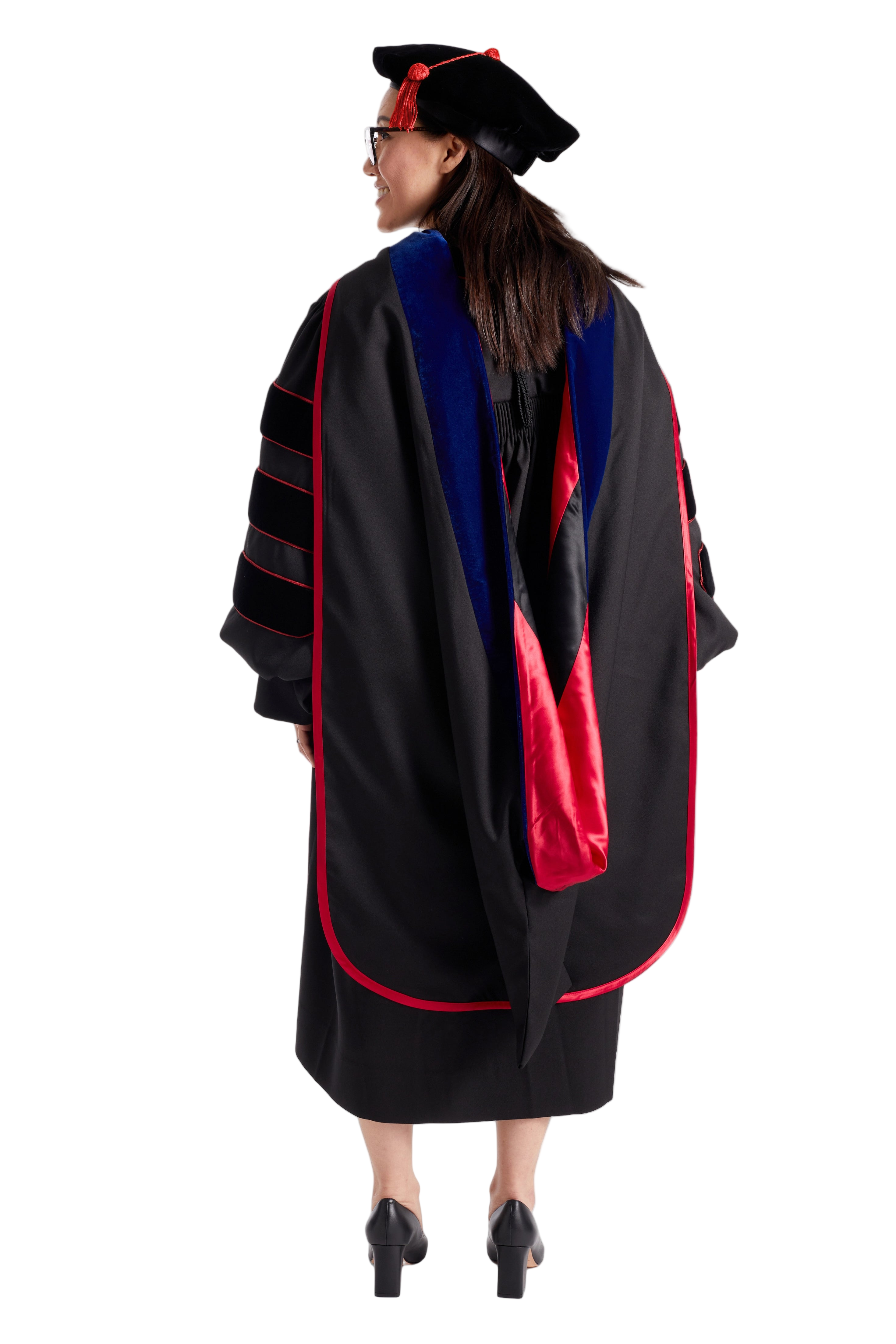 Texas Tech University doctoral hood with red and black satin lining, blue velvet trim for PhD discipline, and premium tailored construction meeting Intercollegiate Bureau of Academic Costume standards.