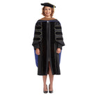 UBIS Doctoral Regalia Set for Doctor of Business Administration – includes black doctoral gown with velvet panels, UBIS DBA hood, gold bullion tassel on 8-sided tam, and official doctoral sash.