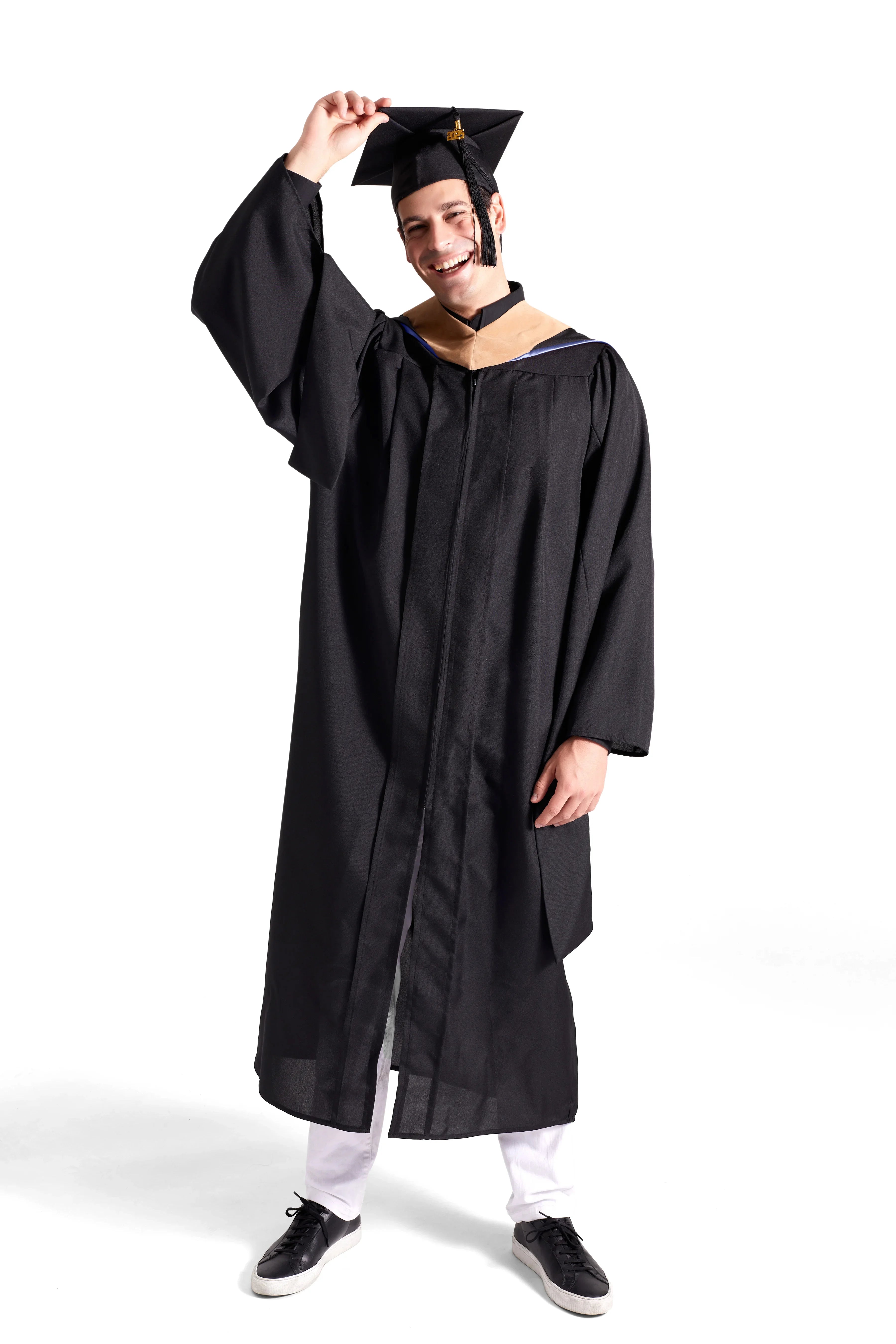 UBIS Master’s Regalia Set – includes black master’s gown with pockets, mortarboard cap with year-dated tassel, UBIS Master of Business Administration hood , and matching sash for official graduation ceremony.