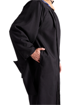 UBIS Master’s Regalia Set – includes black master’s gown with pockets, mortarboard cap with year-dated tassel, UBIS Master of Business Administration hood , and matching sash for official graduation ceremony.