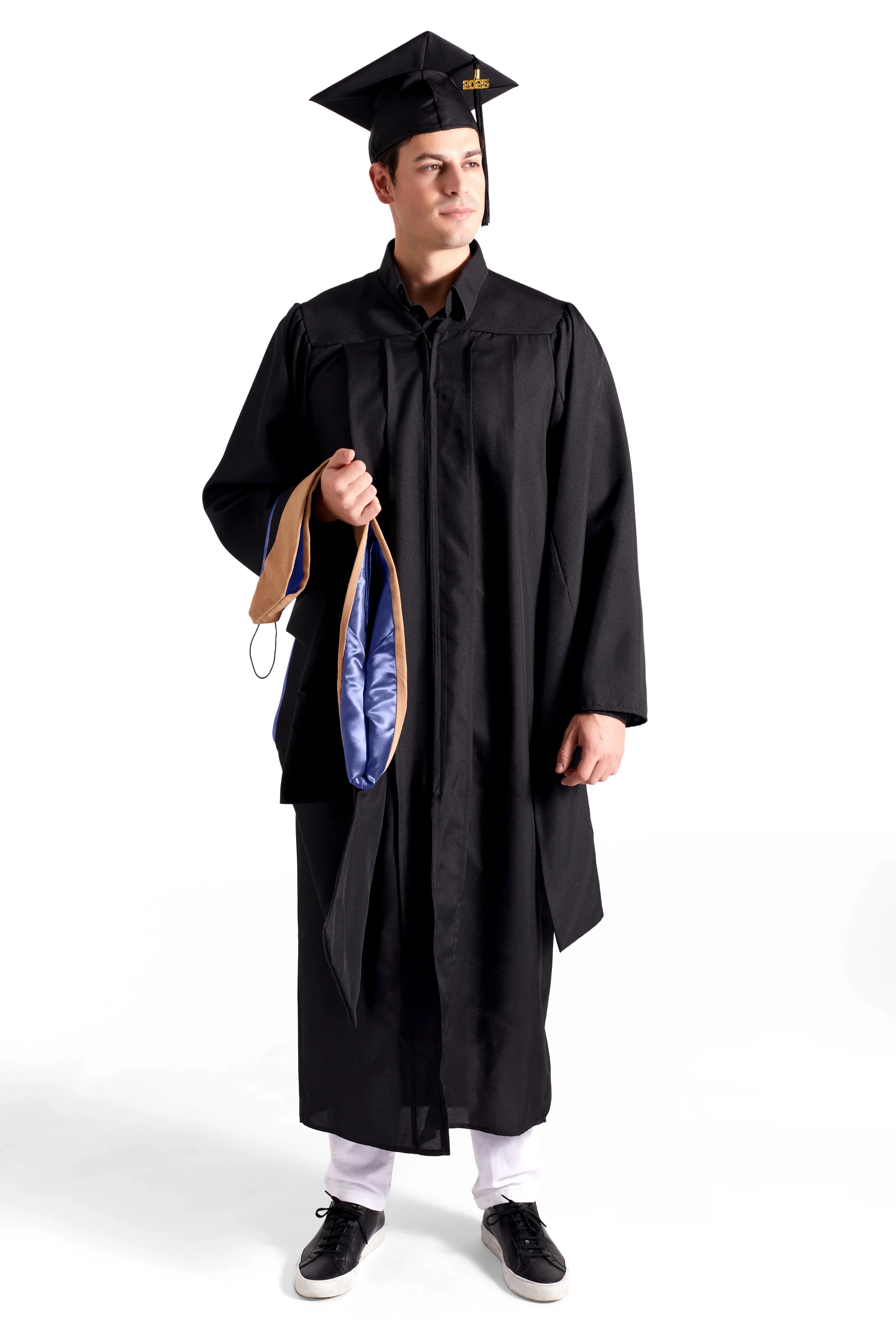 UBIS Master’s Regalia Set – includes black master’s gown with pockets, mortarboard cap with year-dated tassel, UBIS Master of Business Administration hood , and matching sash for official graduation ceremony.