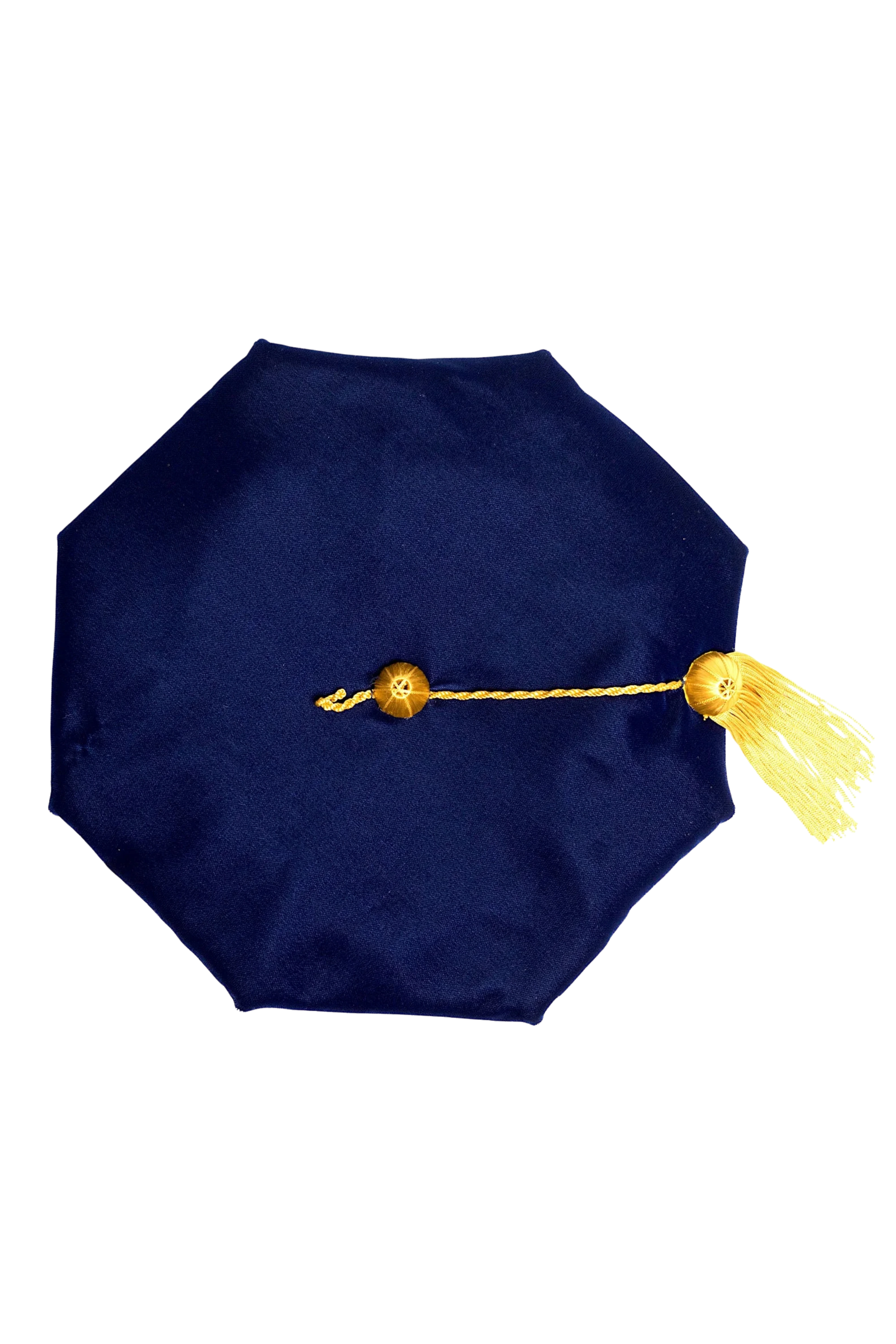 UCLA blue eight-sided doctoral tam with gold bullion tassel, crafted in plush velvet for distinguished academic tradition.