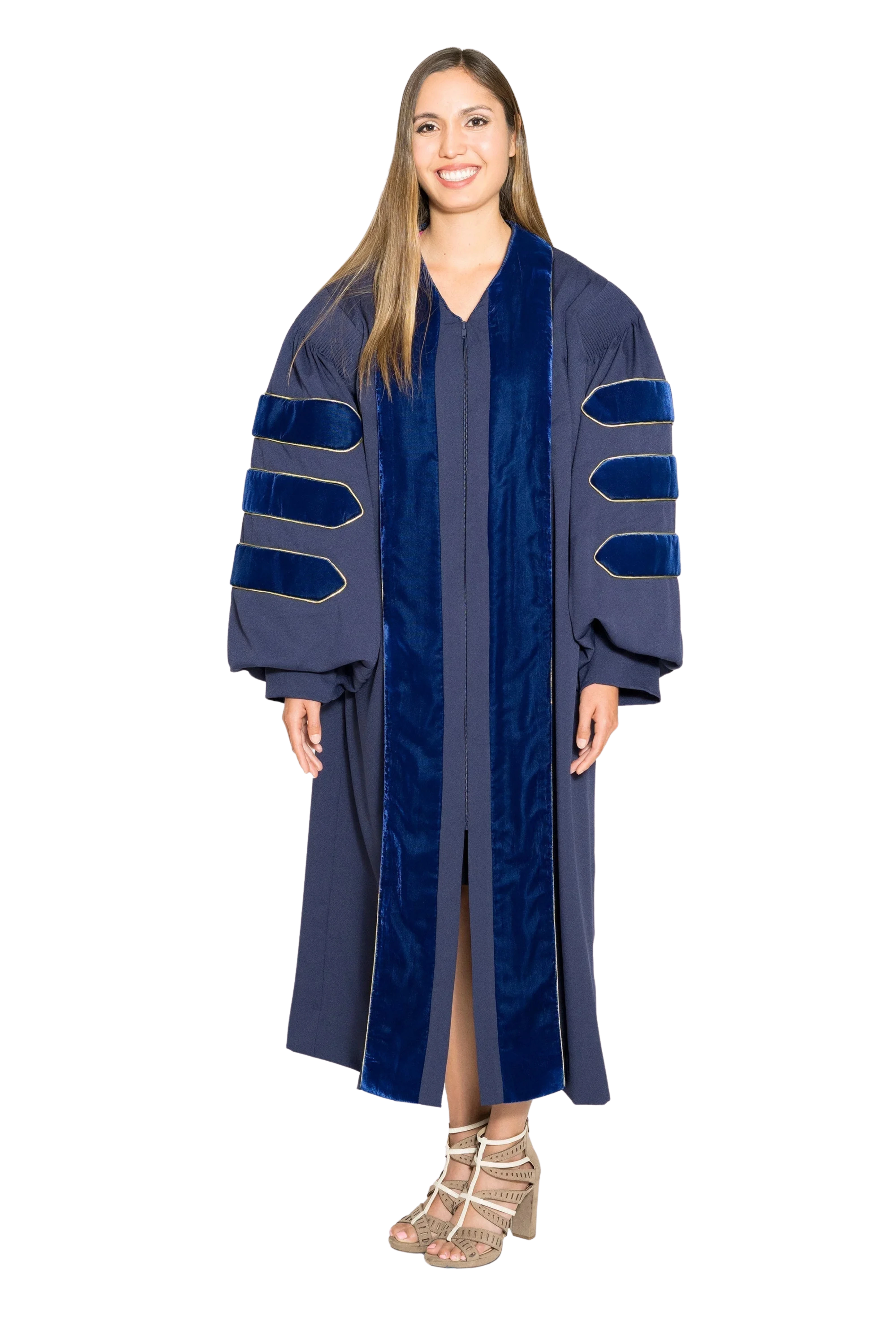 UCLA doctoral gown in official navy blue, featuring plush velvet panels, three velvet chevrons on bell sleeves, and premium tailored fabric designed to meet Intercollegiate Bureau of Academic Costume standards.