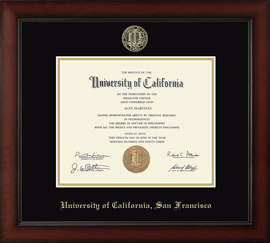 CAPGOWN | UC San Francisco Cherry Wood Diploma Frame for Doctoral Graduates. Designed and made in USA.
