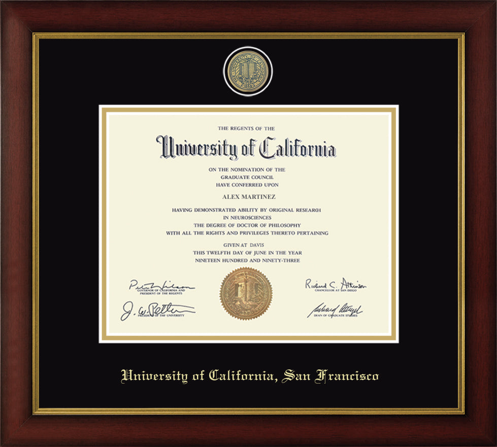 CAPGOWN | UC San Francisco Medallion Diploma Frame for Doctoral Graduates. Designed and made in USA.