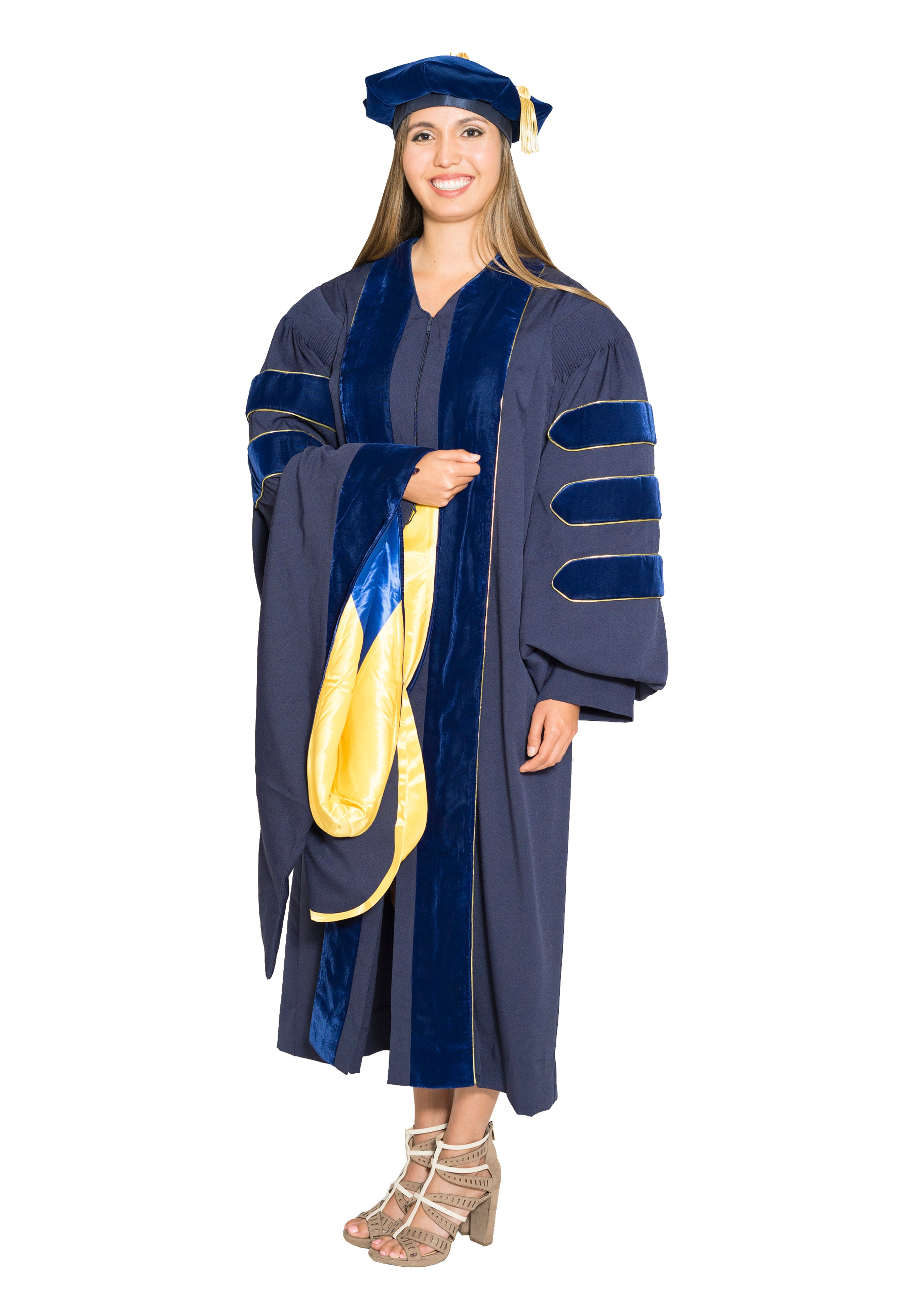 UCLA Complete Doctoral Regalia - Doctoral Gown, PhD & M.D. Hood, and 8-sided Cap (Tam) with Tassel