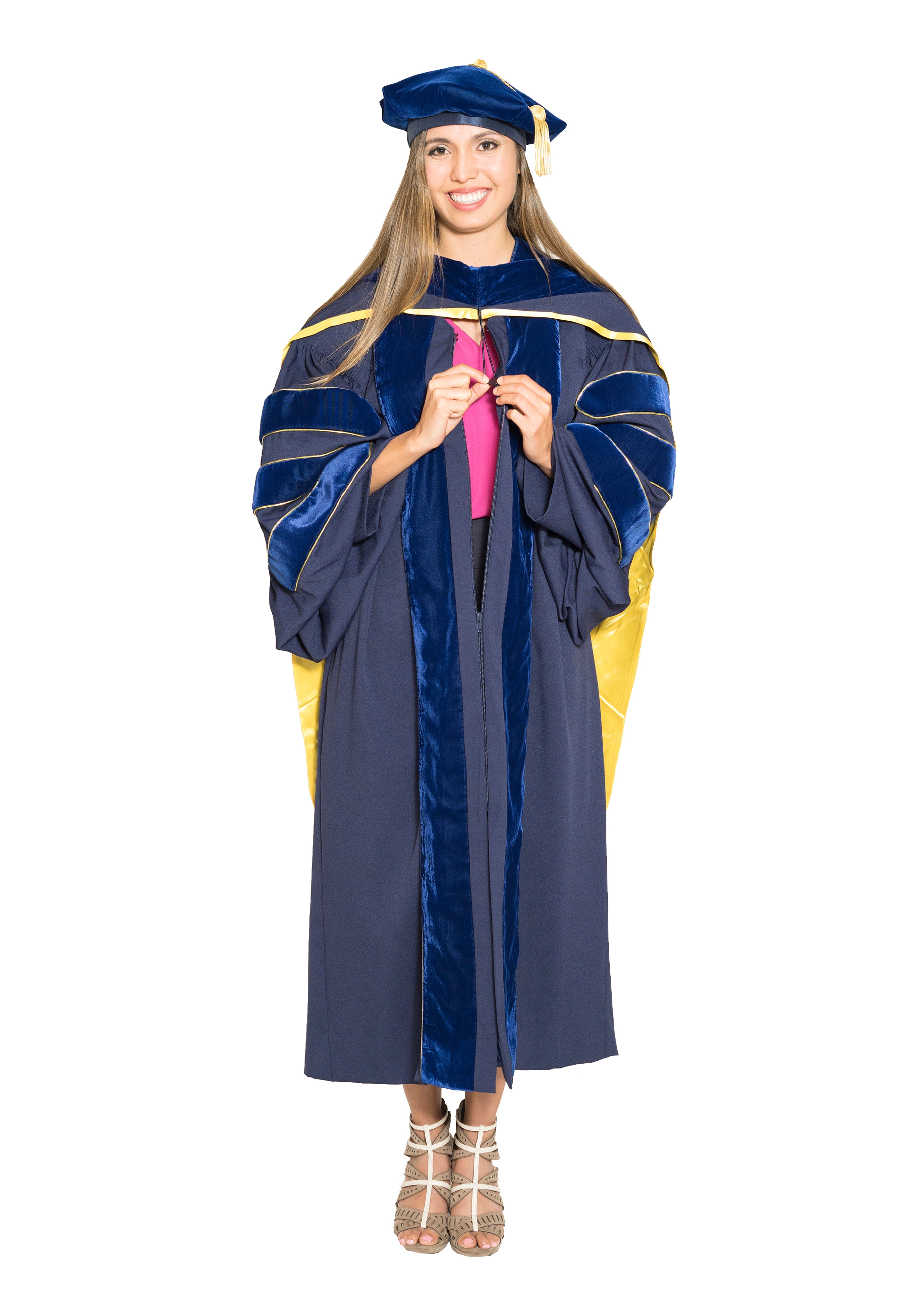 UC Berkeley Complete Doctoral Regalia - Doctoral Gown, PhD & M.D. Hood, and 8-sided Cap (Tam) with Tassel