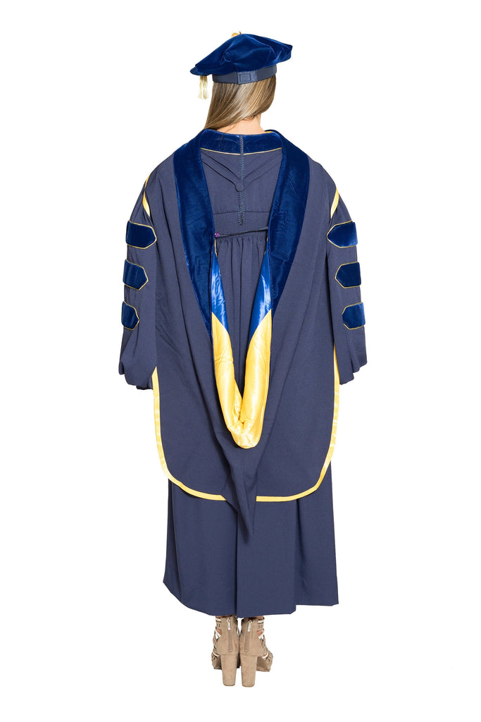 UC Davis Complete Doctoral Regalia - Doctoral Gown, PhD & M.D. Hood, and 8-sided Cap (Tam) with Tassel