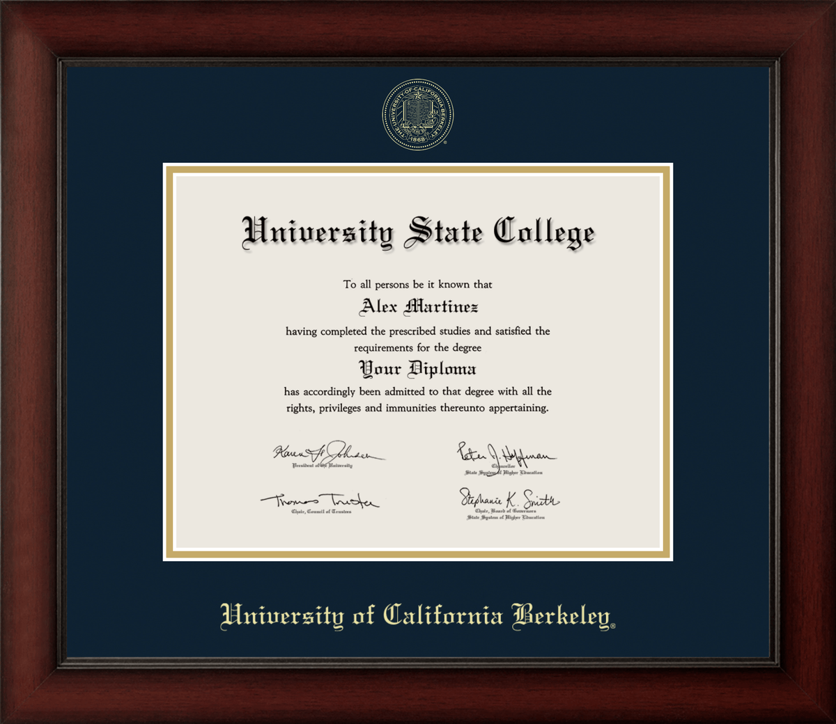Marco de diploma de madera de cerezo de UC Berkeley