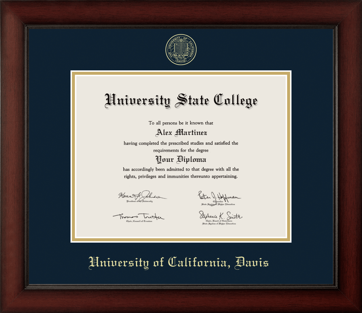 Marco de diploma de madera de cerezo de UC Davis